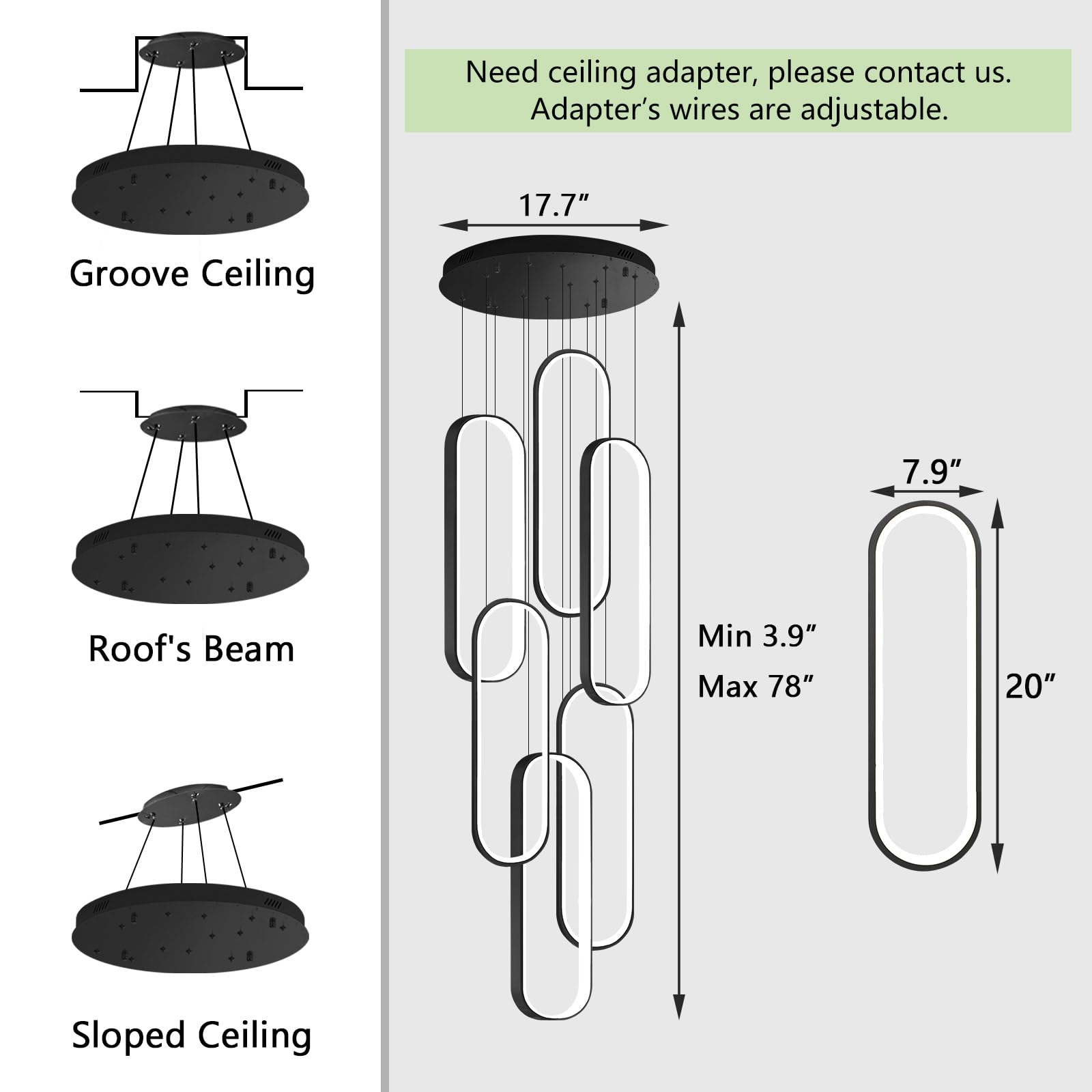 dolria 6 Rings Modern Chandelier LED Dimmable Flush Mount Ceiling Light for Foyer Living Room Staircaes Black