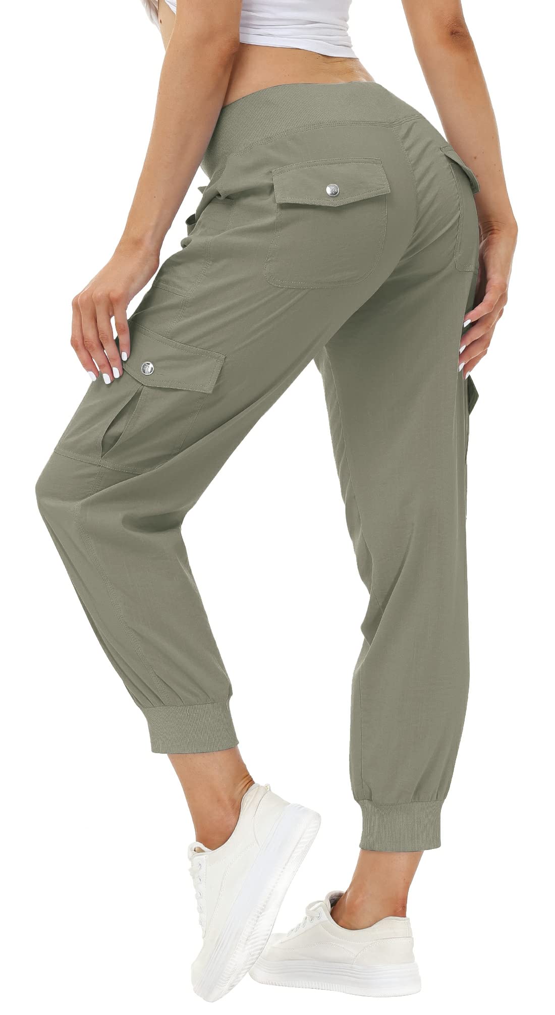 MoFiz Women's Hiking Pants Cargo Joggers Sweatpants with Pockets Lightweight Quick Dry Outdoor Summer Casual Athletic Elastic Waist Grey Khaki XS