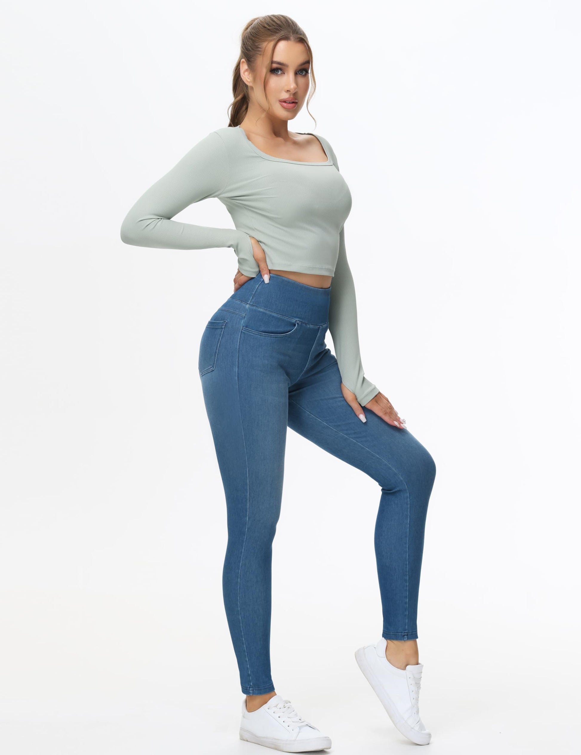 THE GYM PEOPLE Women's High Waisted Jeggings Pants Stretchy Tummy Control Skinny Jean Leggings with Pockets Denim Blue
