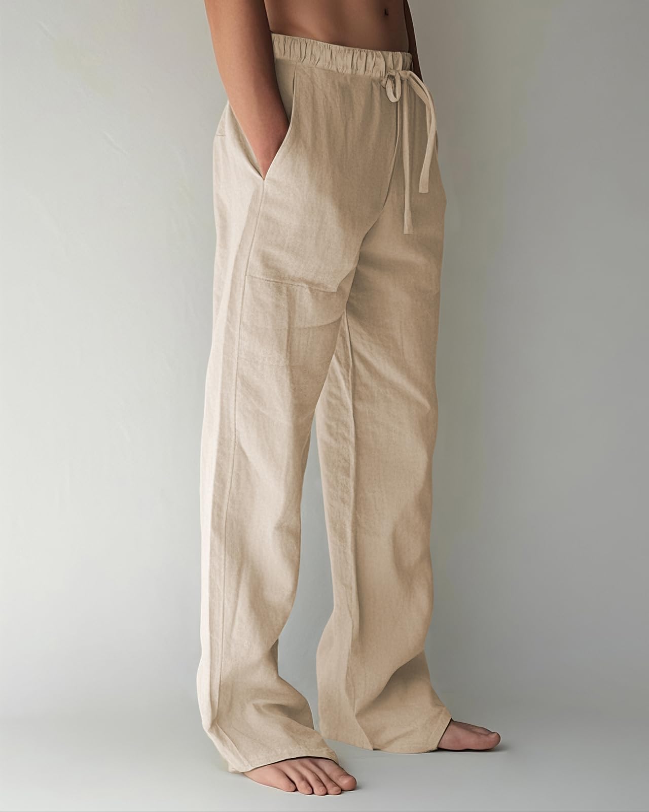 Men's Linen Pants Summer Cotton Beach Trousers Casual Lightweight Elastic Drawstring Waist Yoga Pants