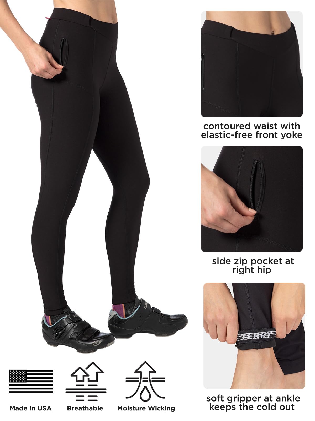 Terry Coolweather Cycling Padded Tights for Women - Regular 29 inch Inseam Thermal Pants - Black, Medium