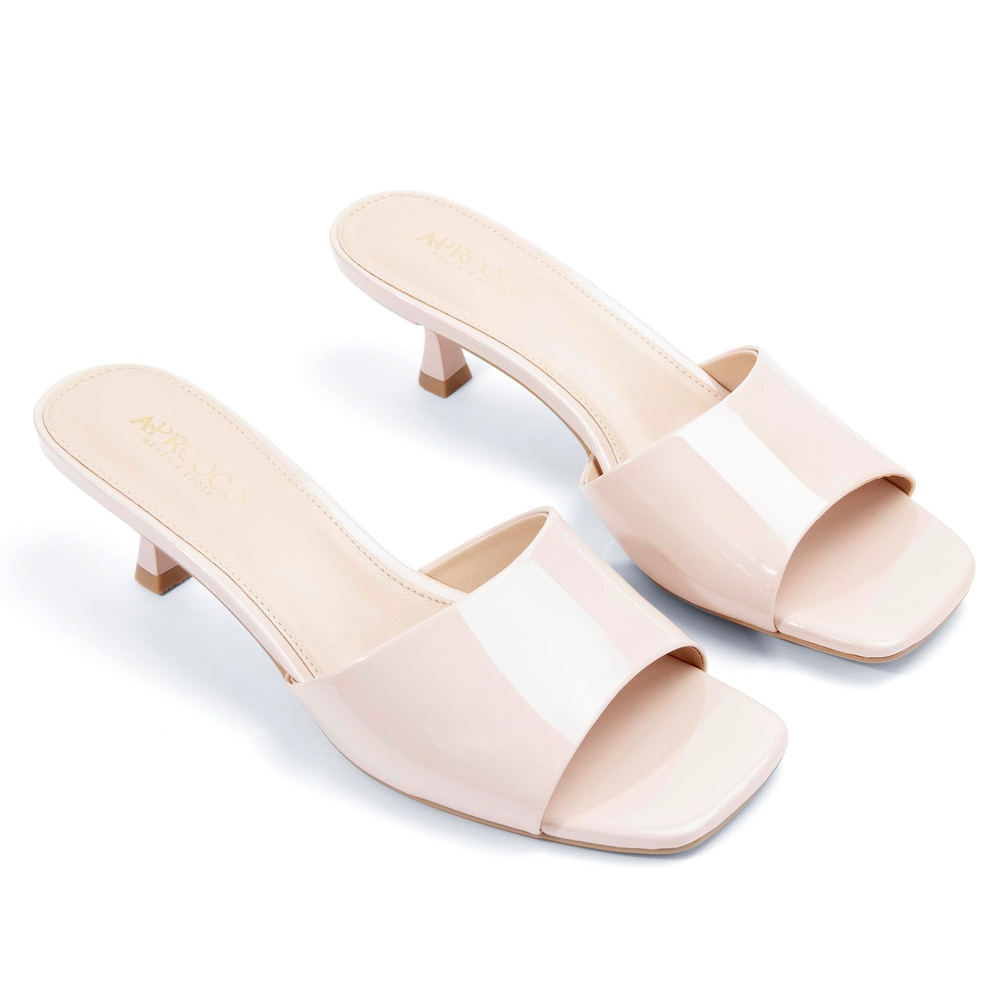 AprCoco Women Kitten Heels Sandals Low Heels Square Open Toe One Band Slip-On Heeled Mules Comfortable Dressy Vacation Sandals,Size 10,Nude