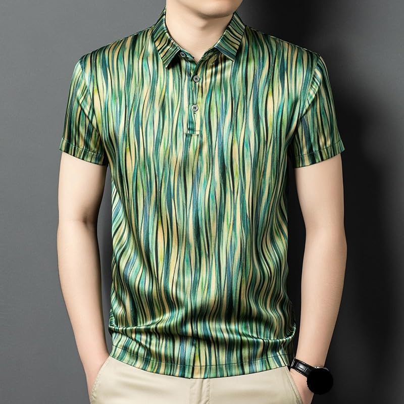 Mens Silk Short Sleeve Polo Shirts Summer Vintage Tie Dye Loose Fit Breathable Casual T Shirt(X-Large) Green