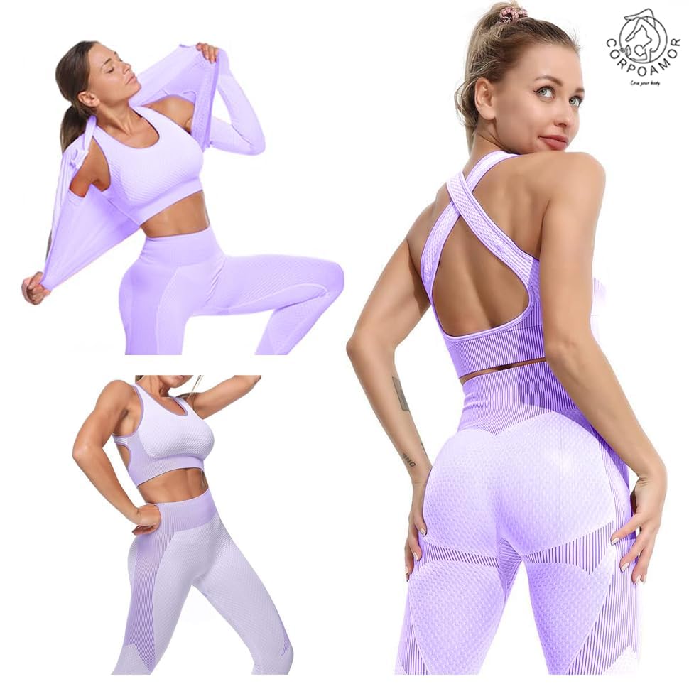 CORPOAMOR Women's Ribbed Seamless Fitness Clothing, Gym Outfit and Yoga Workout Set Jacket, Sports Bra and High Waisted Leggings 3 Piece Set (Purple, Large)