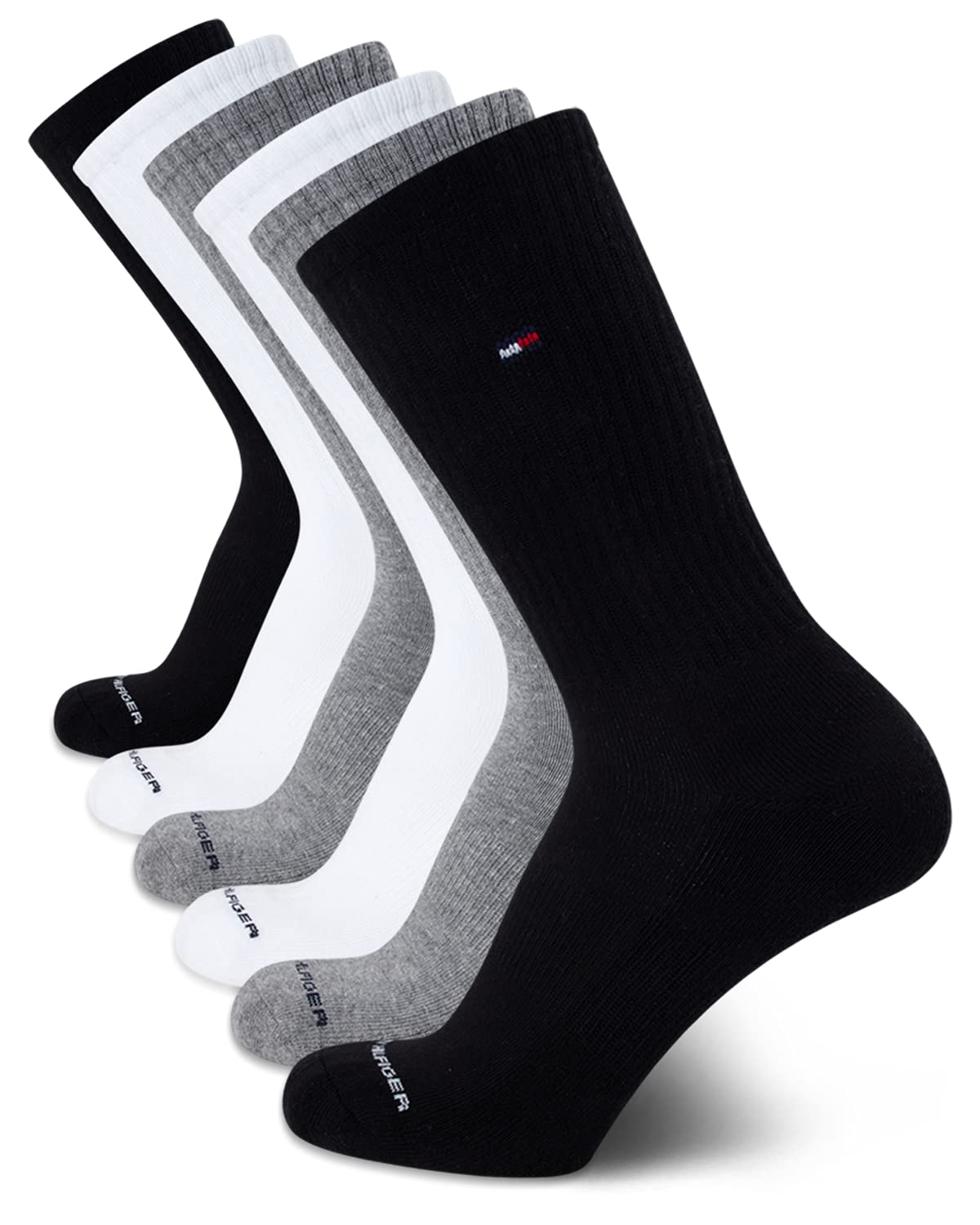 Tommy Hilfiger Men's Crew Socks - 6 Pack Performance Comfort Cushioned Athletic Socks - Breathable Crew Socks for Men (7-12), Size 7-12, Grey Assorted