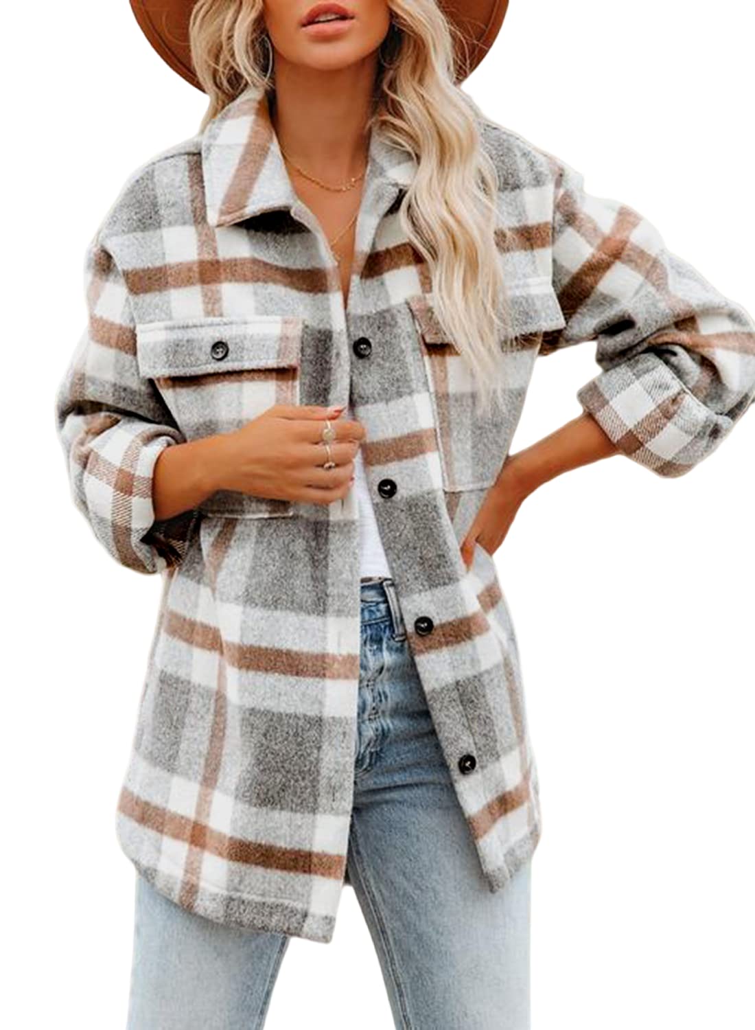 Beaully Women's Flannel Plaid Shacket Long Sleeve Button Down Shirts Jacket Coats with Side Pockets 6017 Khaki L