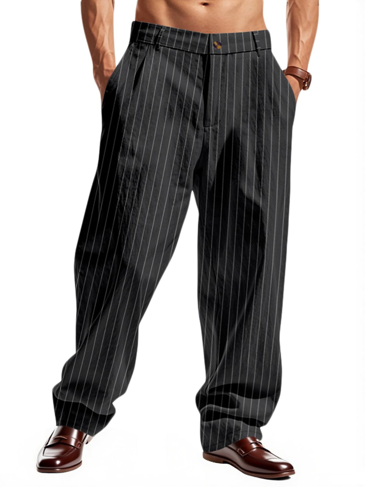 TAFLE Mens Linen Pants Lightweight Striped Casual Pants Straight-Legs Loose Fit Summer Beach Yoga Trousers with Pockets