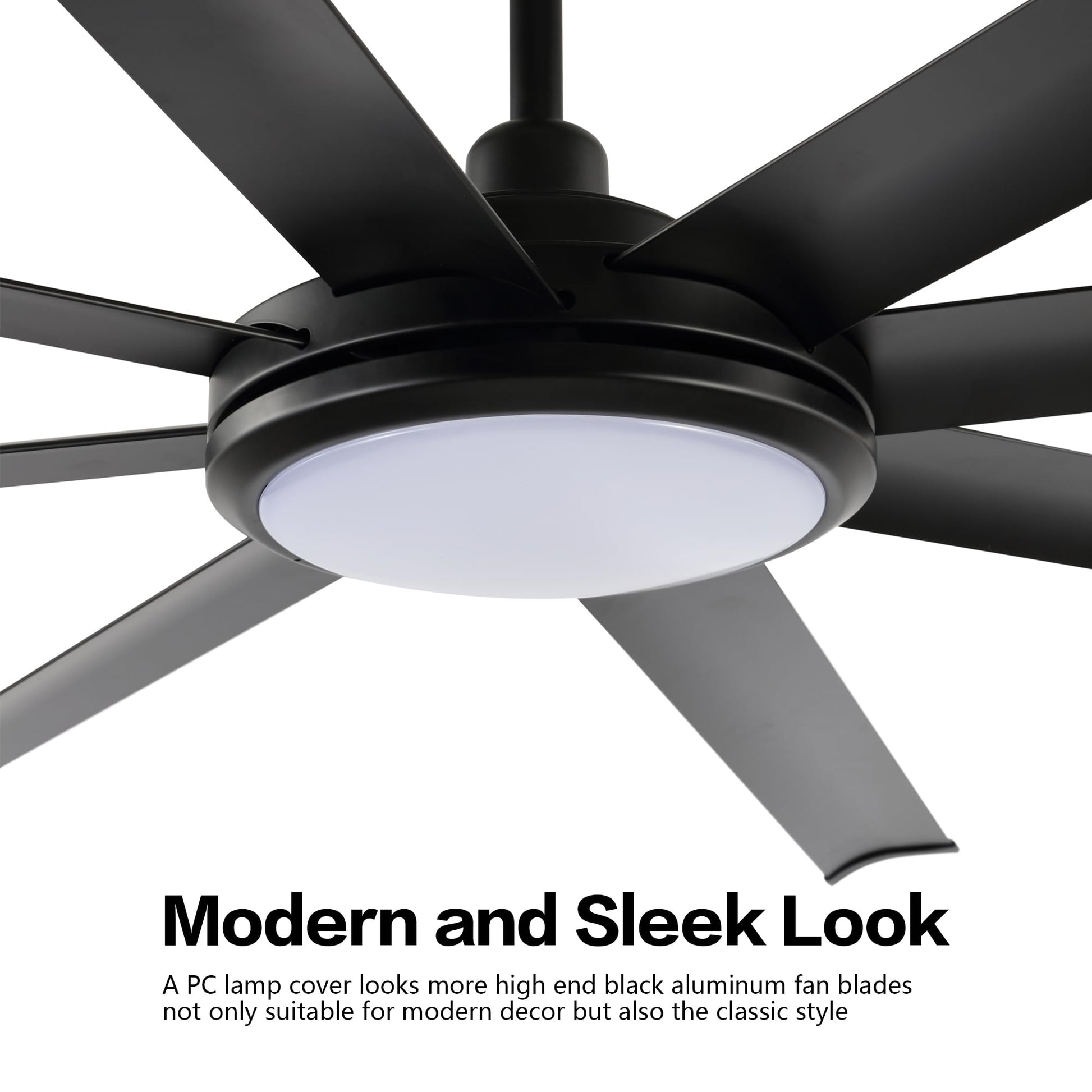 WINGBO 72 Inch Industrial Ceiling Fan with Light and Remote, 8 Aluminum Blades Ceiling Fan, 3CCT, 6-Speed Reversible Noiseless DC Motor for Kitchen Bedroom Living Room, Matte Black