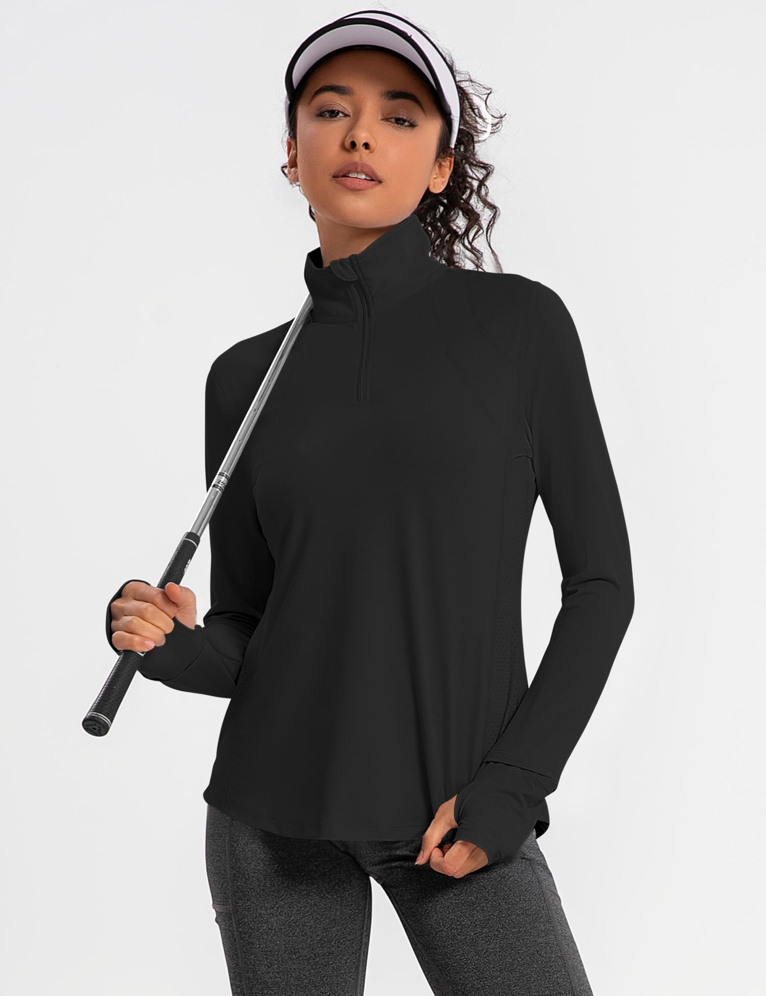 IECCP Womens Long Sleeve Shirts UPF 50+ Sun Protection 1/4 Zip Sun Shirts Summer Quick Dry Workout Golf Tops Quarter Zip Pullover with Thumb Hole (Black,XL)