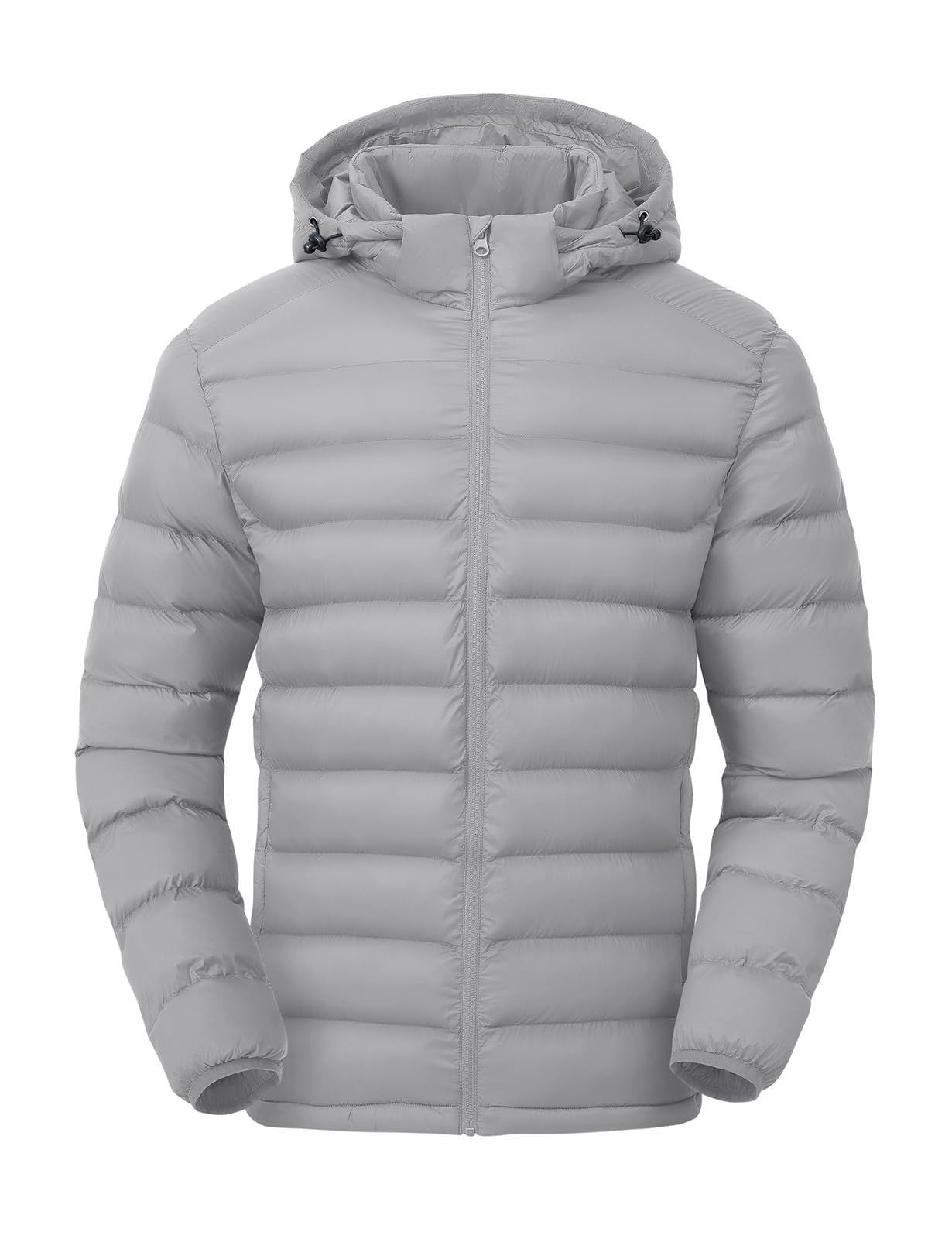 TBMPOY Men's Lightweight Puffer Down Jackets Detachable Hood Water-Resistant Winter Coat Hooded Insulated for Travel Ski Light Grey L