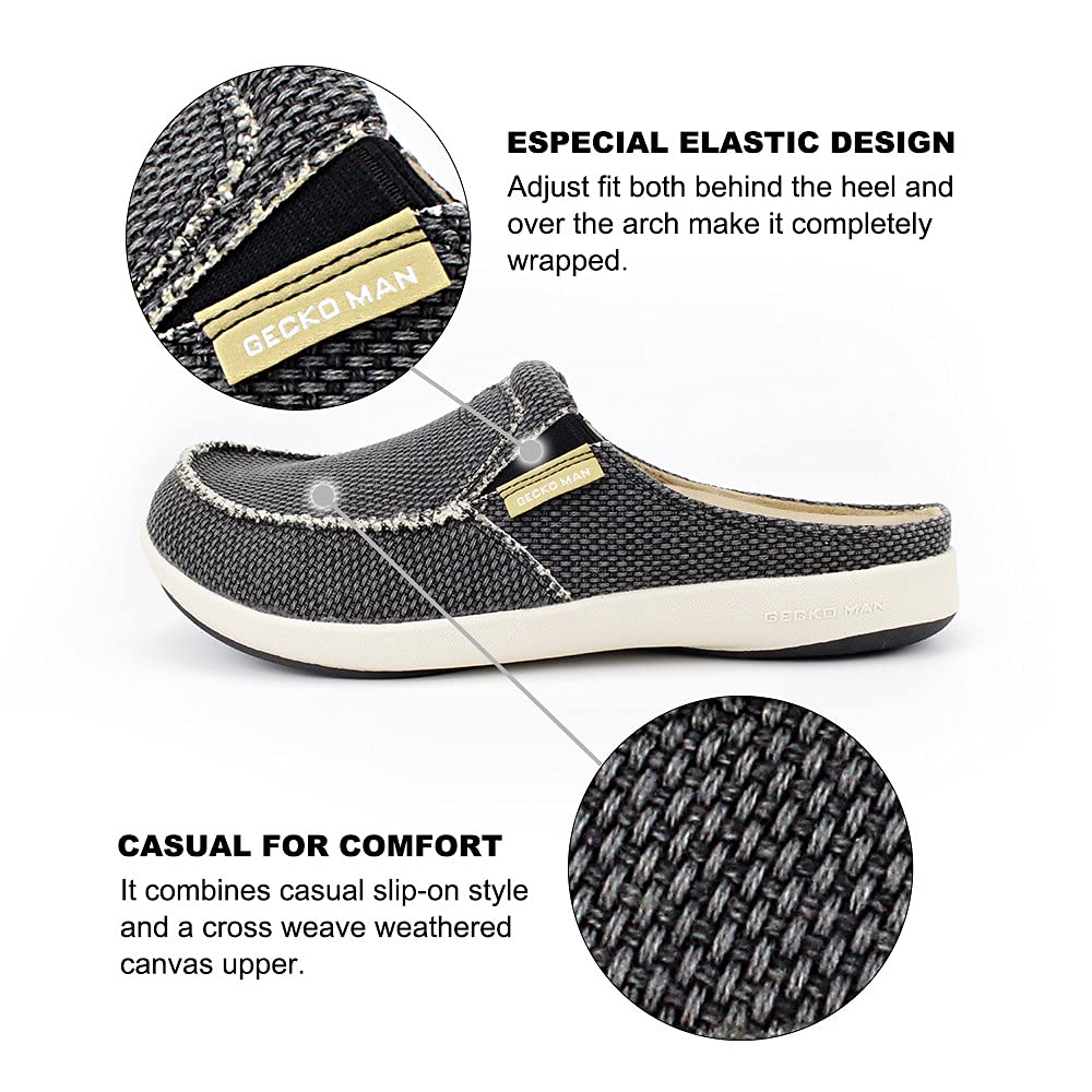 Mens Slippers with Arch Support, Canvas House Slipper for Men with Suede Insole and Velvet Lining, Slip on Clog House Shoes with Indoor Outdoor Anti-Skid Rubber Sole, Black, 8.5