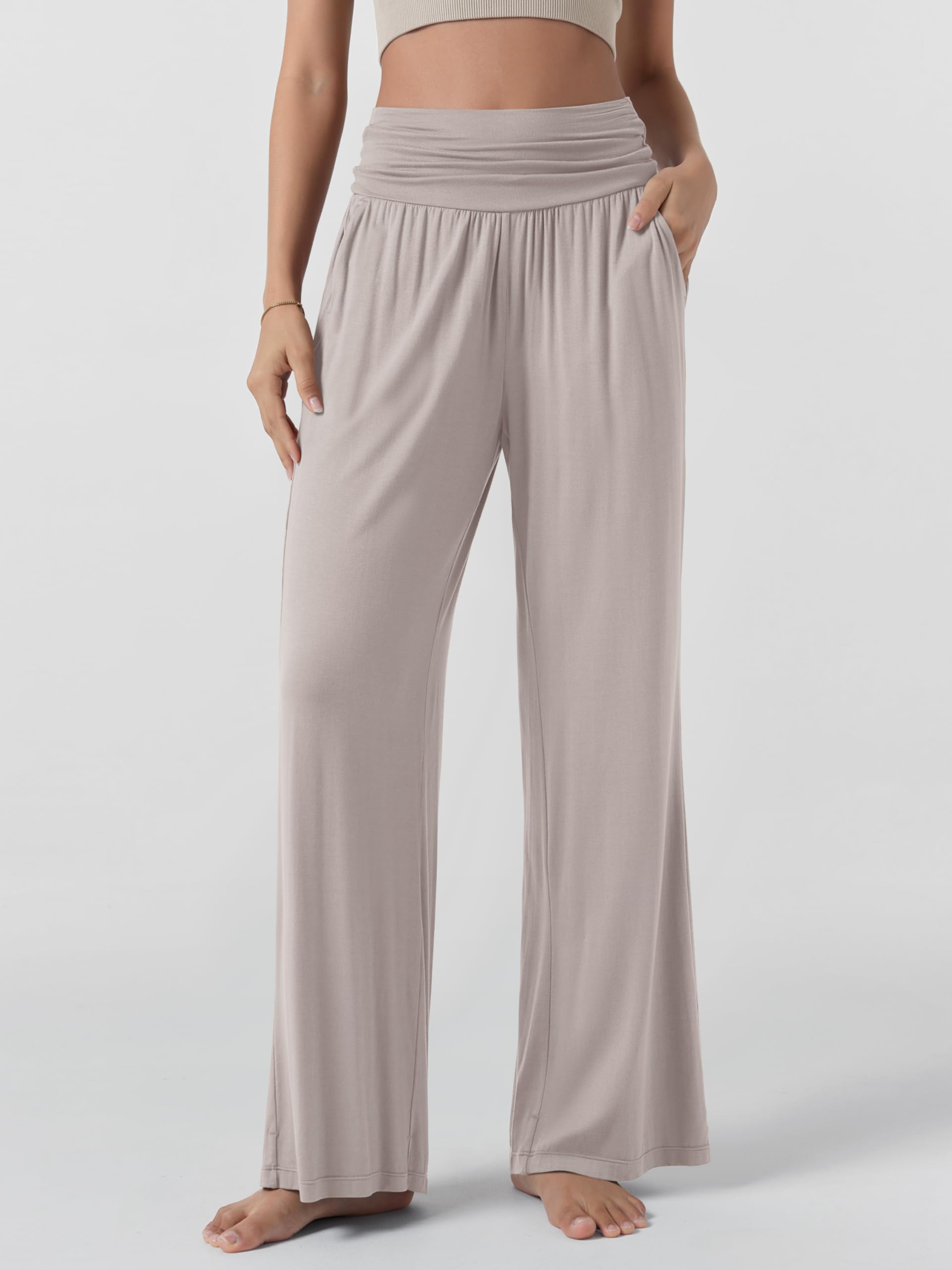 ODODOS Women's Wide Leg Palazzo Lounge Pants with Pockets Light Weight Loose Comfy Casual Pajama Pants-30 inseam, Light Beige, XX-Large