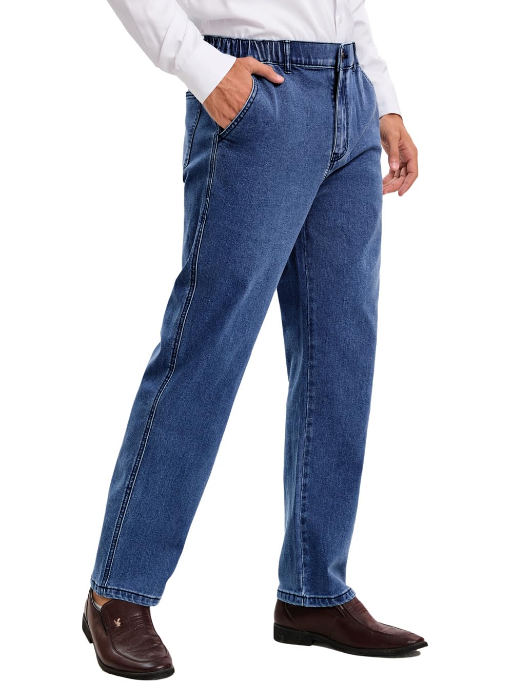 voeeron Mens Elastic Waist Jeans Relaxed Fit Men's Jeans with Elastic Waist with Zipper and Button, Medium Washed, 42W x 28L