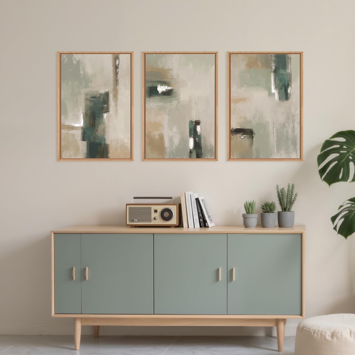 BICERE Large Abstract Green Brown Framed Canvas Wall Art,Modern Brush Stoke Wall Decor,Neutral Beige Grey Wall Painting,Rustic Minimalist Artwork for Living Room,Bedroom,Dining Room,Office -16"x24"x3