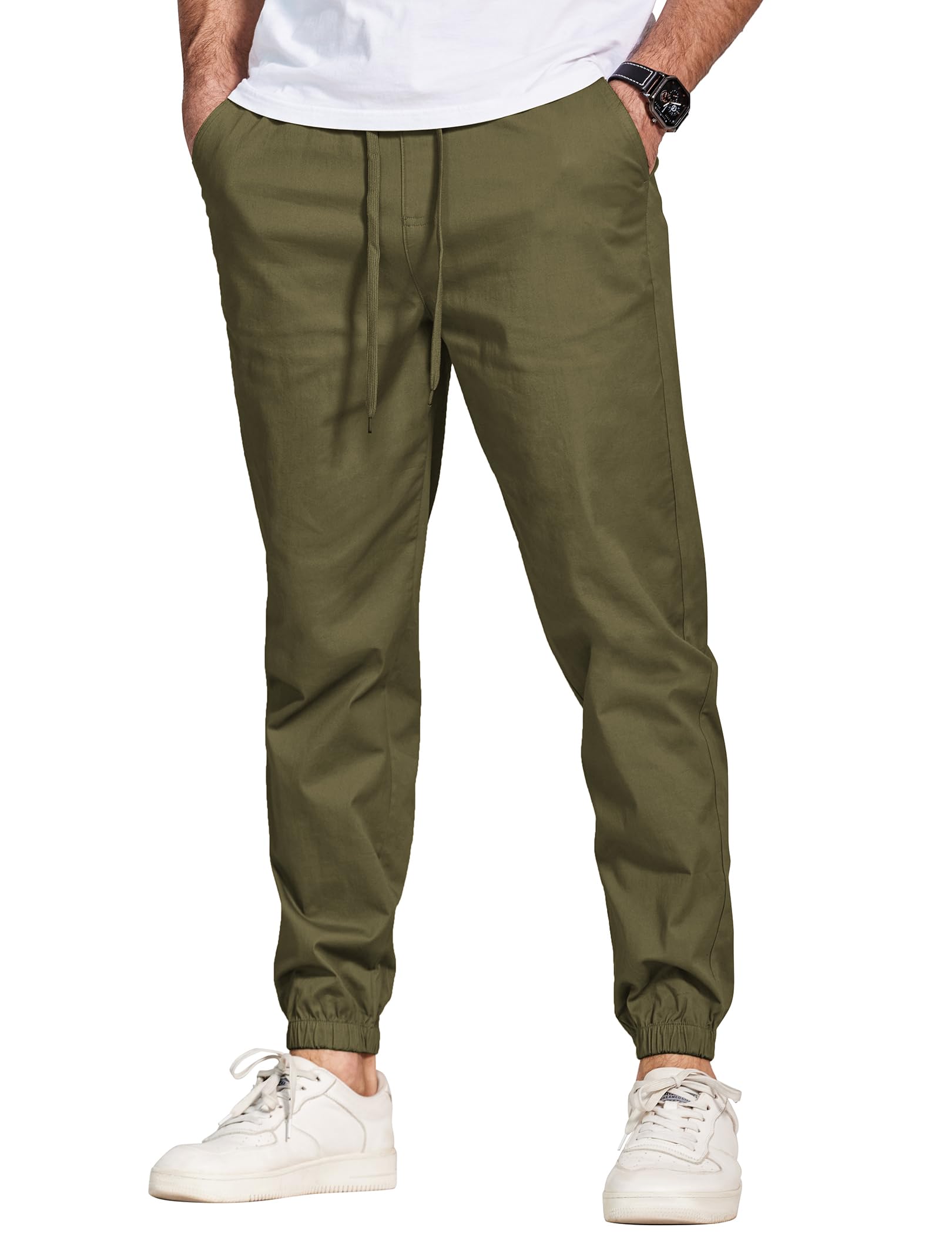 COOFANDY Mens Cotton Casual Pants Stretch Twill Jogger Pants Chino Cargo Hiking Drawstring Sweatpants with Pockets Army Green