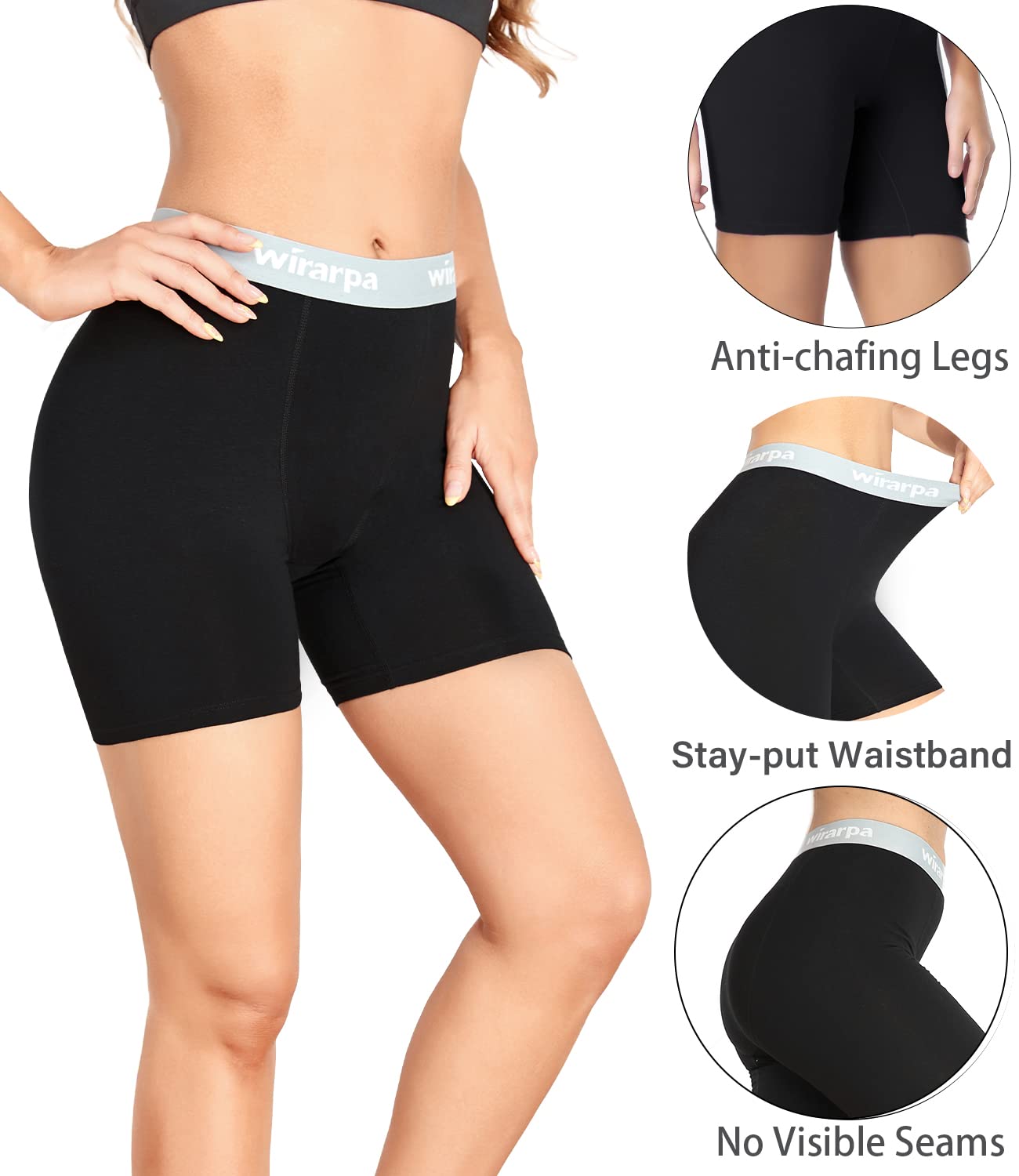 wirarpa Women's Boxer Briefs Cotton Underwear Anti Chafing Boy Shorts Panties 5.5" Inseam 4 Pack Black Small