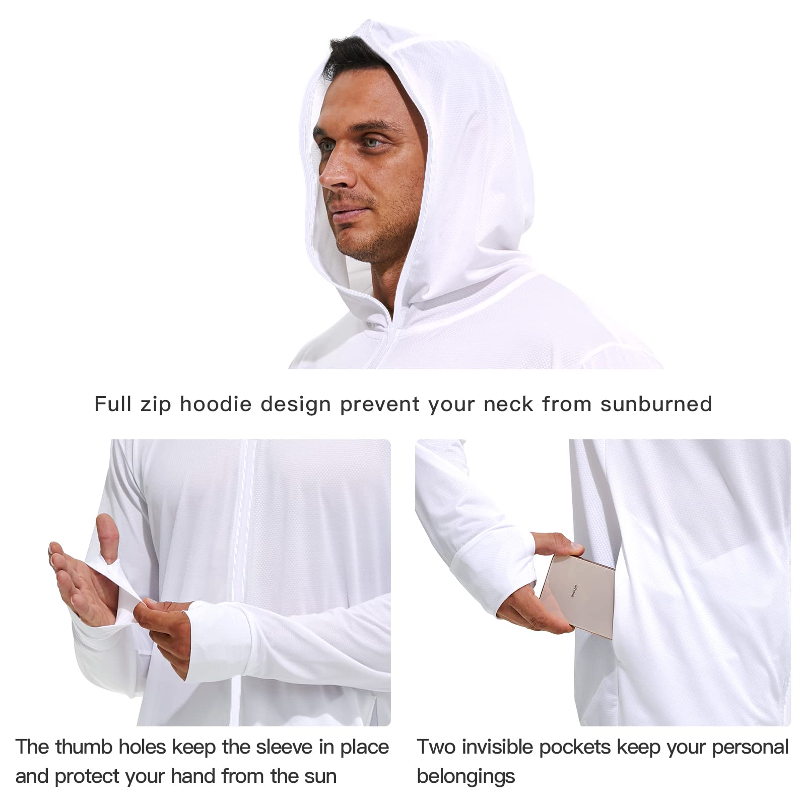 Men's Full Zip UPF 50+ Sun Protection Hoodie Long Sleeve Shirts with Pockets Light Jacket Lightweight Hoodies for Men White Medium