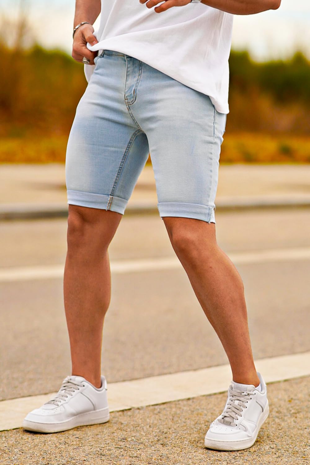 GINGTTO Mens Shorts Casual 7 Inch Inseam Shorts Jeans for Men Slim Fit Summer Light Blue 34