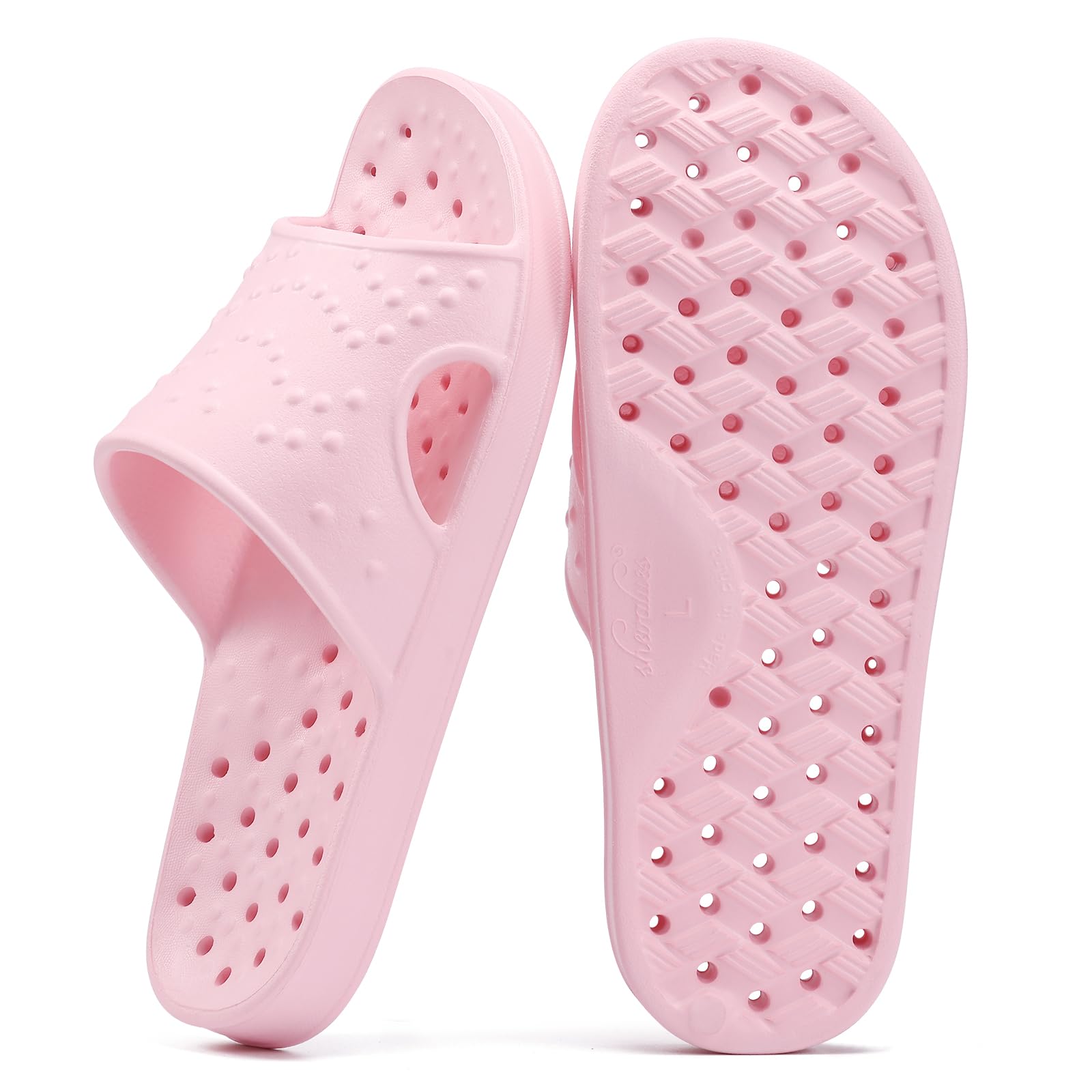 shevalues Shower Shoes for Women Men with Arch Support Quick Drying Pool Slides Lightweight Beach Sandals with Drain Holes, Pink 8-9 Women / 6.5-7.5 Men