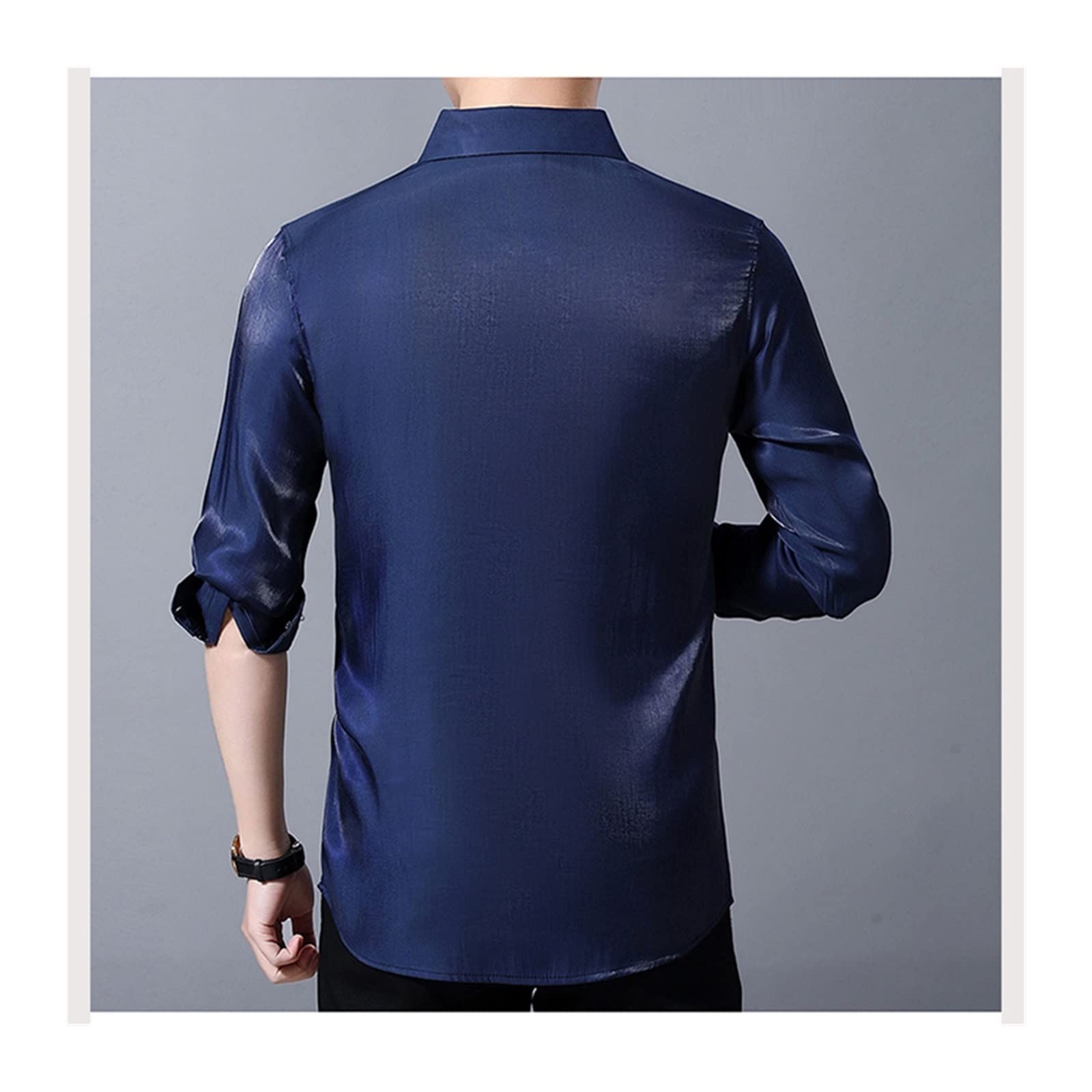 Satin Shirts Mens Ice Silk Shirts for MensShirt Light Long Sleeves Dresses Blouses Large Size(E,2XL)
