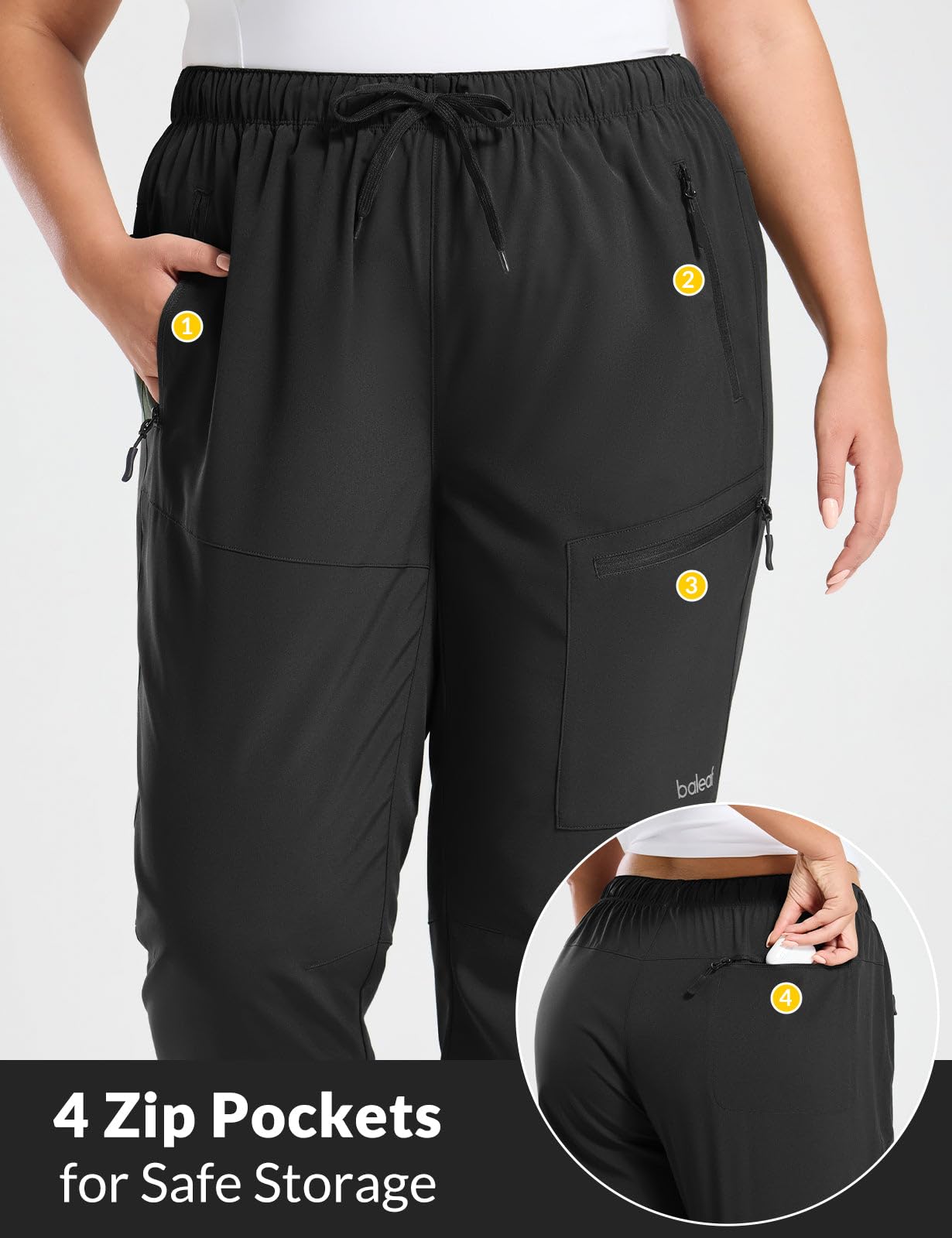 baleaf Plus Size Pants for Women Hiking Cargo Water Resistant UPF 50+ Cargo Joggers Zipper Pockets Black 3XL