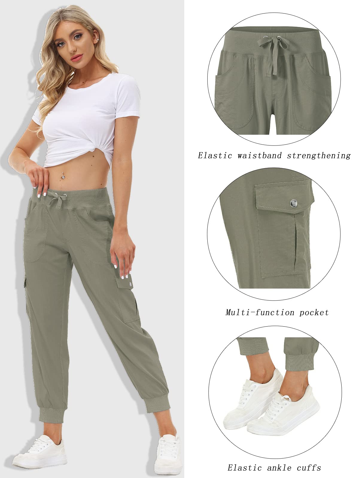 MoFiz Women's Hiking Pants Cargo Joggers Sweatpants with Pockets Lightweight Quick Dry Outdoor Summer Casual Athletic Elastic Waist Grey Khaki XS
