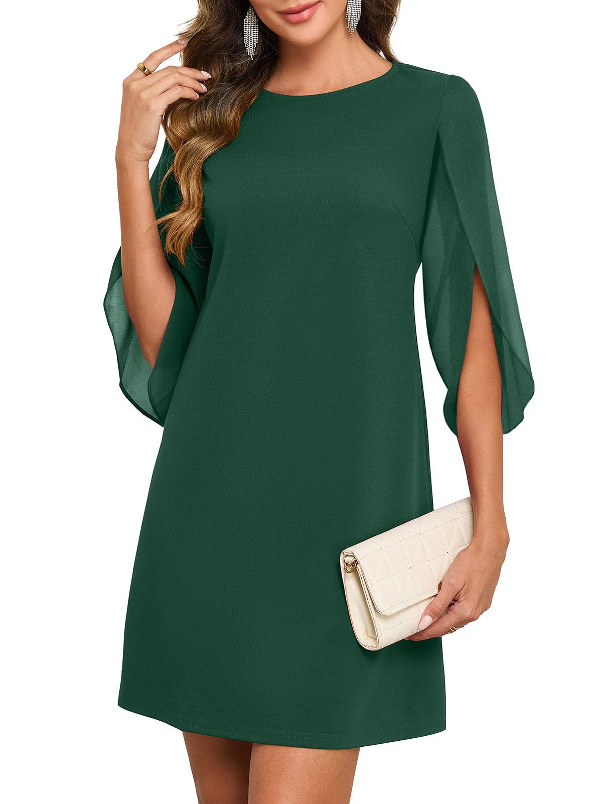 oten Classy Flutter Sleeve Dress for Women 2025 Crew Neck A-Line Mesh Formal Wedding Guest Tea Party Dresses Dark Green X-Large