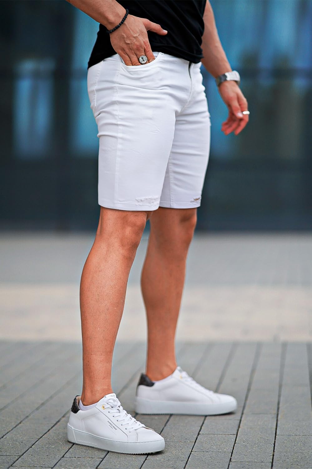 GINGTTO Mens Jean Shorts White Skinny Stretch Denim Shorts for Men Ripped 34