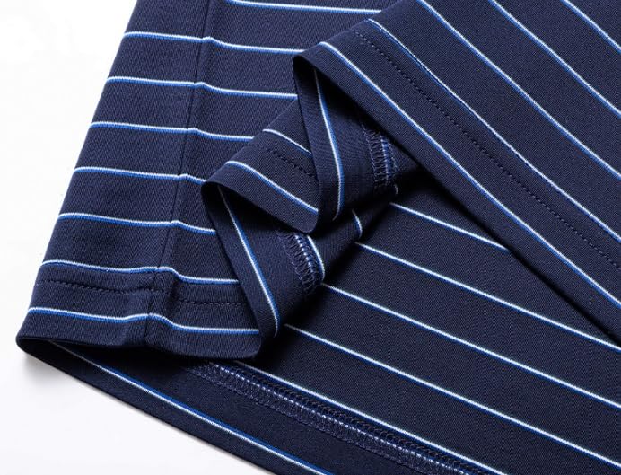 Mens Silk Short Sleeve Polo Shirts Summer Lightweight Breathable Striped Loose Fit Casual T Shirt(Navy Blue,Large)