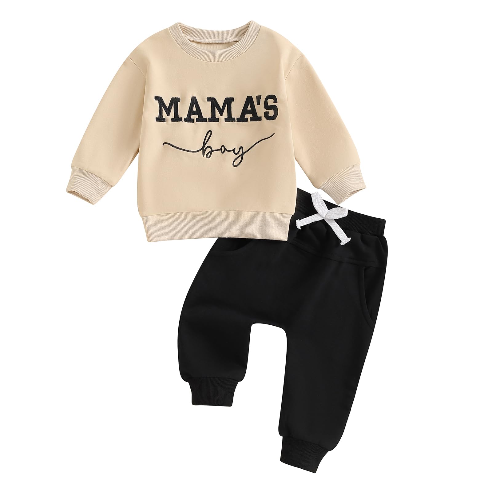 FOCUSNORM Toddler Baby Boy Fall outfit Mama's Boy Letter Embroidery Sweatshirt Top Elastic Pants Set Cute 2pcs Winter Clothes (Khaki, 18-24 Months)