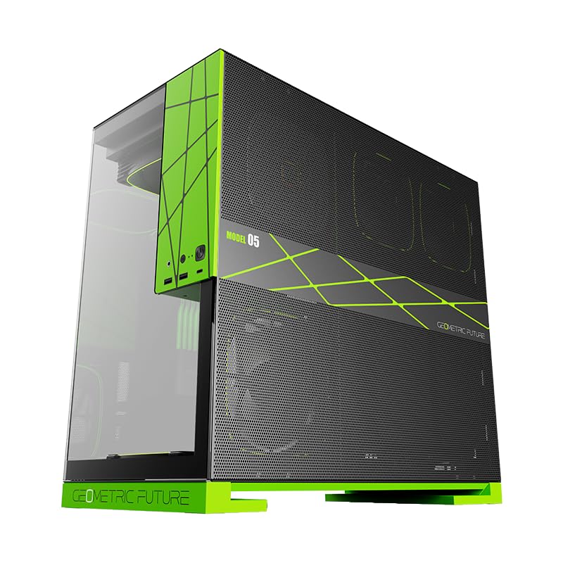 Geometric Future M5 Tempered Glass Mid Tower, E-ATX/ATX Gaming Case, 1.2mm Steel, Type C, Toolless Panels, Support 420/360 Radiator, ARGB PWM 140m Fan x 5 Pre-Installed, Black/Green, GEO-M5F-BNY