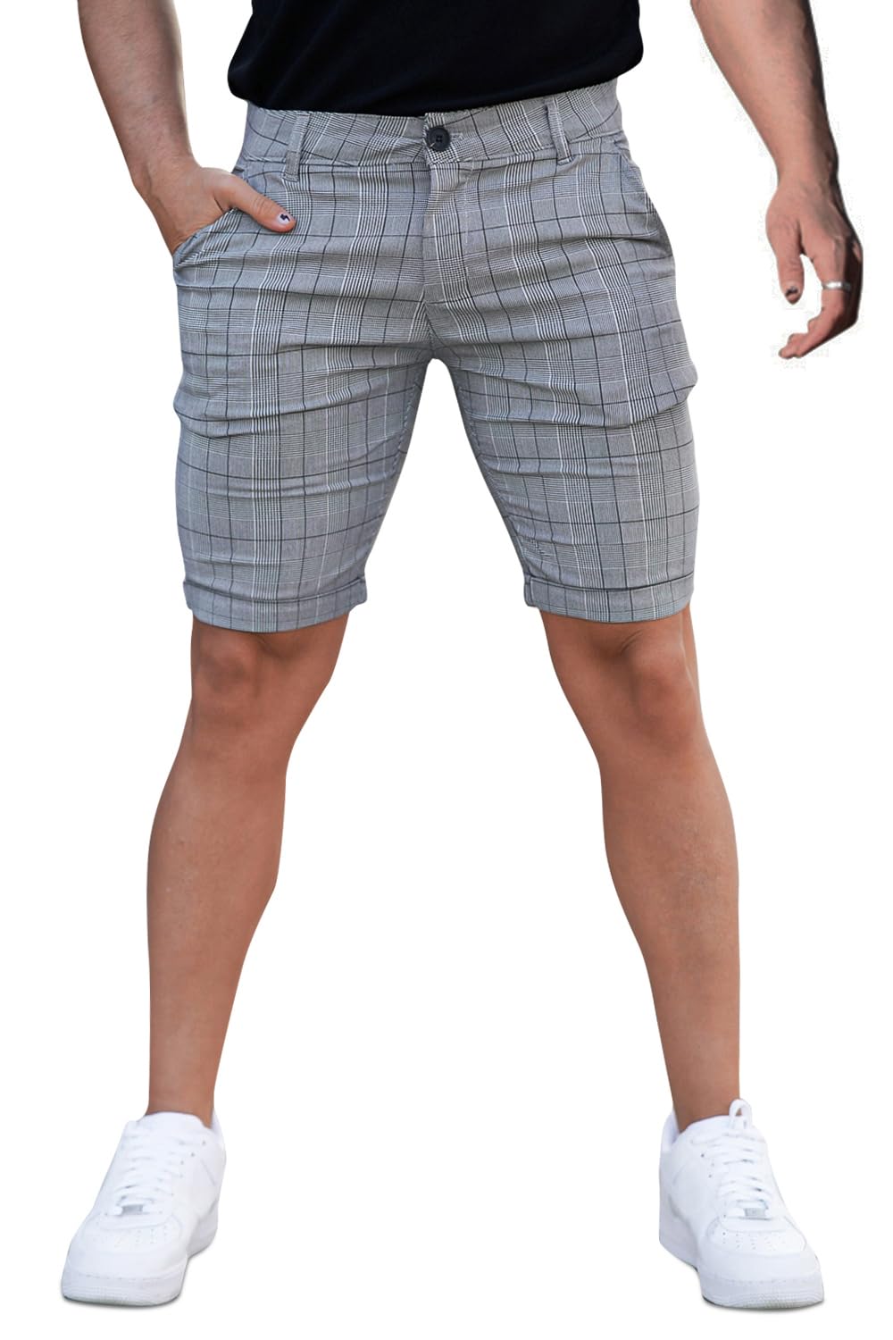 Mens Plaid Shorts Slim Fit Summer Casual Chino Short Pants (32, Grey Checked)