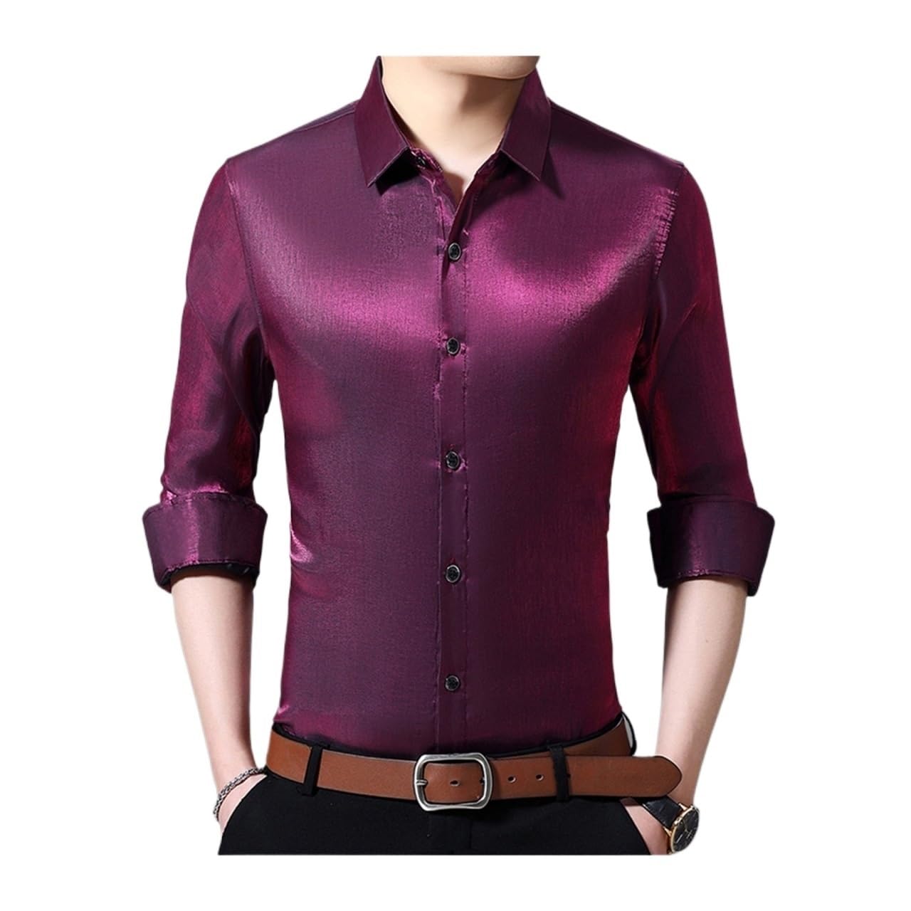 Satin Shirts Mens Ice Silk Shirts for MensShirt Light Long Sleeves Dresses Blouses Large Size(E,2XL)