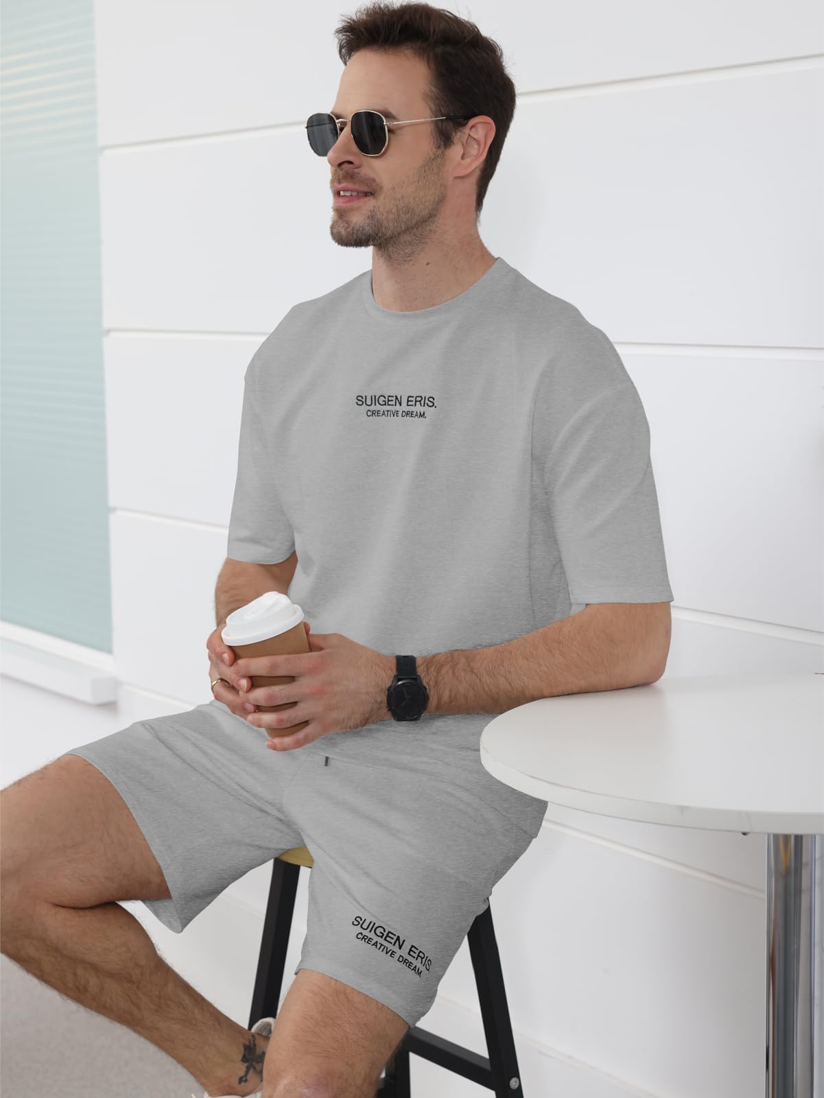 Ryehack Men's T Shirt and Shorts Set 2 Piece Outfits Fashion Summer Tracksuits Casual Letter Embroidery Short Sleeve Crew Neck T Shirt and Drawstring Track Shorts Sportswear Set Grey L