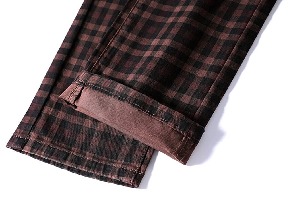 HENGAO Men's Regular Fit Plaid Chino Pants Jeans, Wine Red, 34