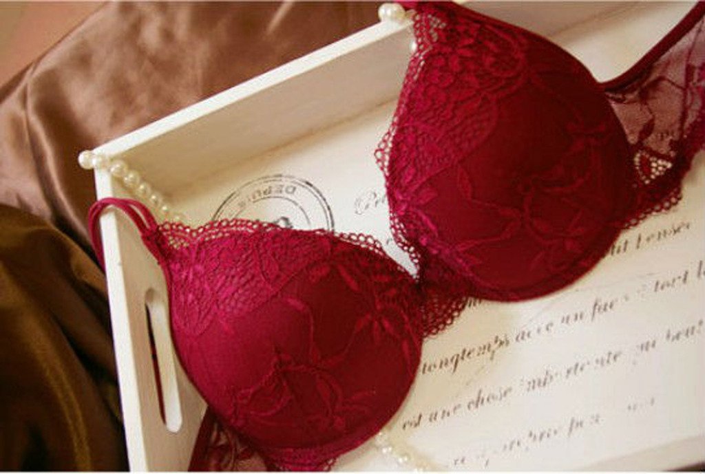 Nanier Women's Solid Lace Push up Bra Set Dark Red 34B