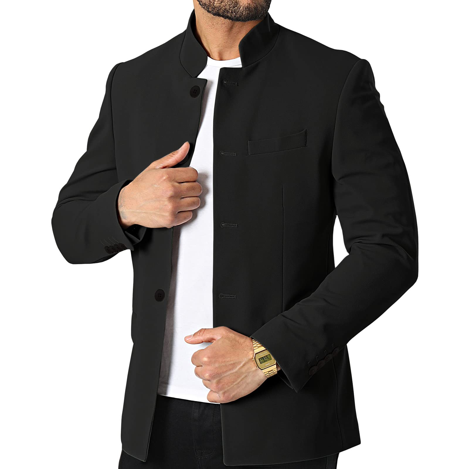 THWEI Mens Casual Suit Blazer Jackets Stand Collar Business Sport Coats Black L