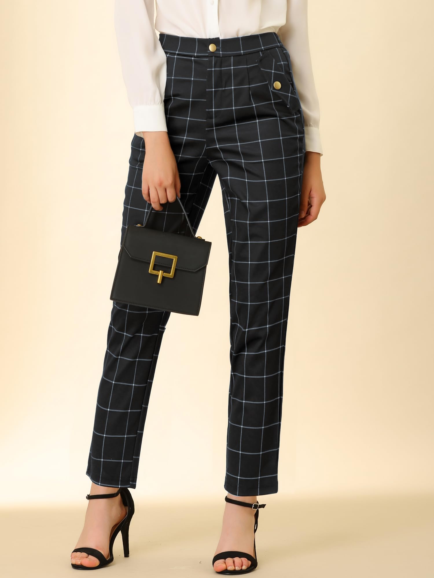 Allegra K Women's Vintage Tartan Plaid Pants Elastic Waist Straight Long Trousers Small Black