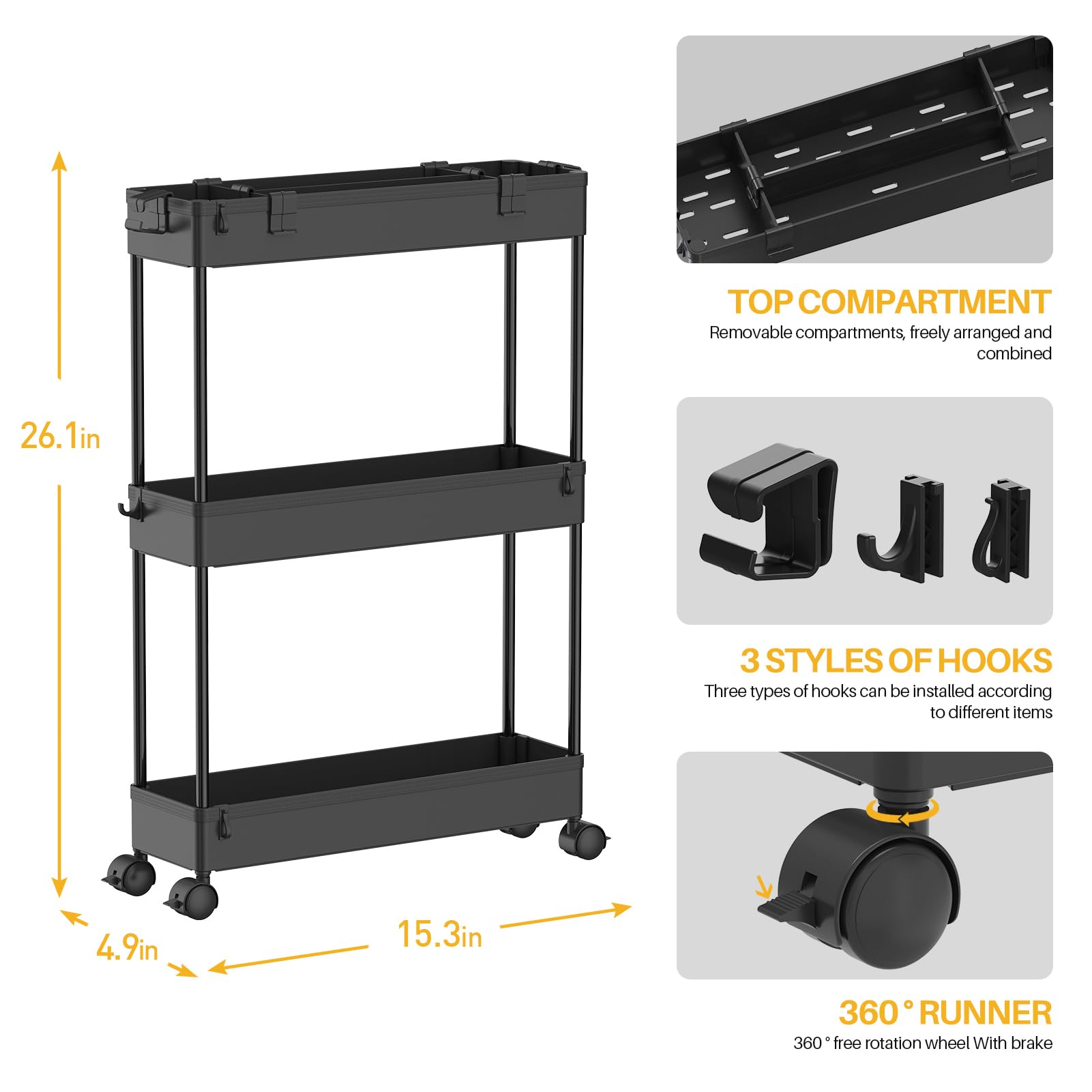 SPACELEAD Slim Storage Cart 3 Tier,Bathroom Organizer Rolling Utility,Mobile Shelving Unit Slide Out for Office, Kitchen, Laundry Room & Narrow Places,Black