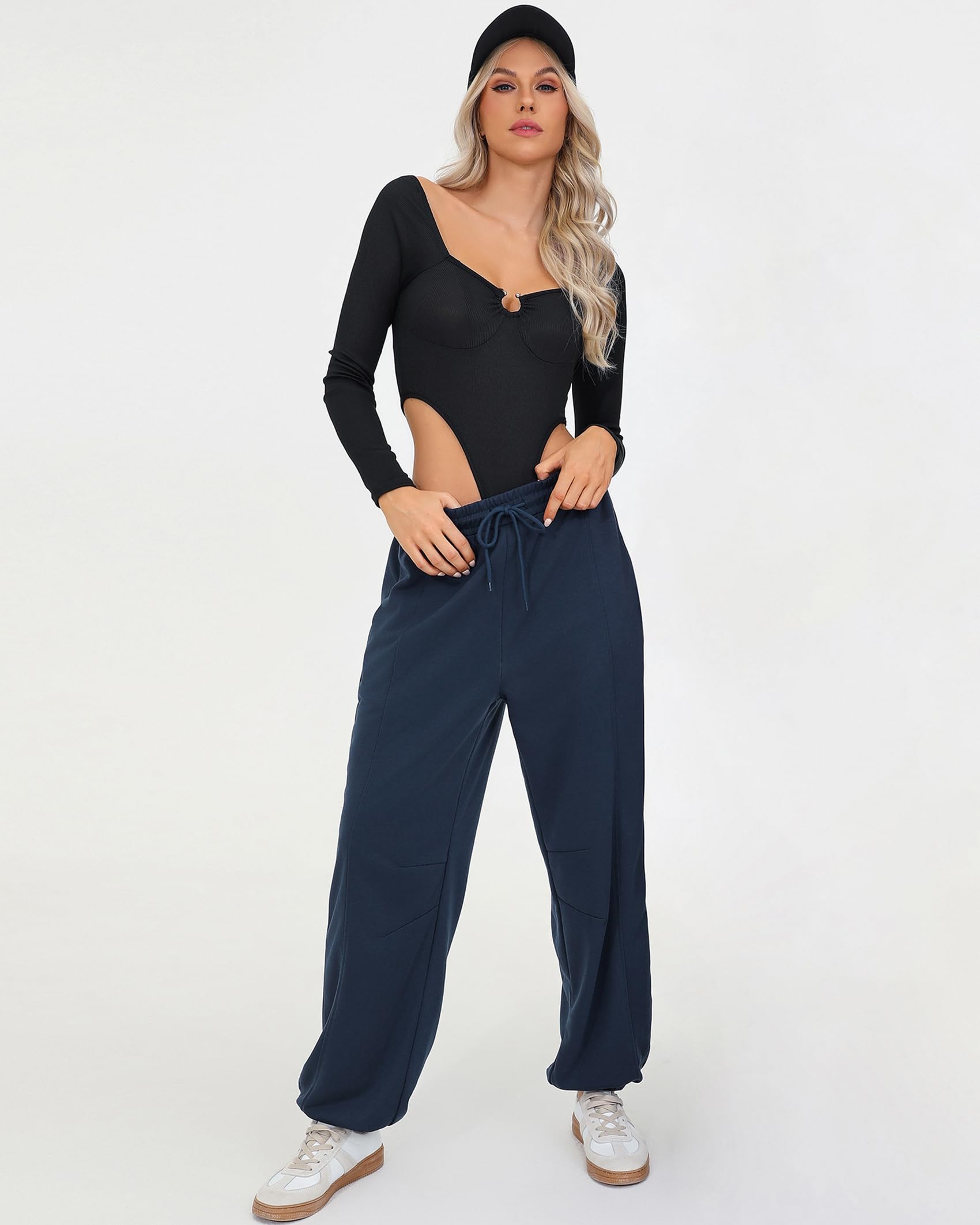 Quenteen Womens Sweatpants Casual High Waist Lightweight Joggers Pants Baggy Lounge Sweat Pants Drawstring Workout Bottoms Navy Blue Small