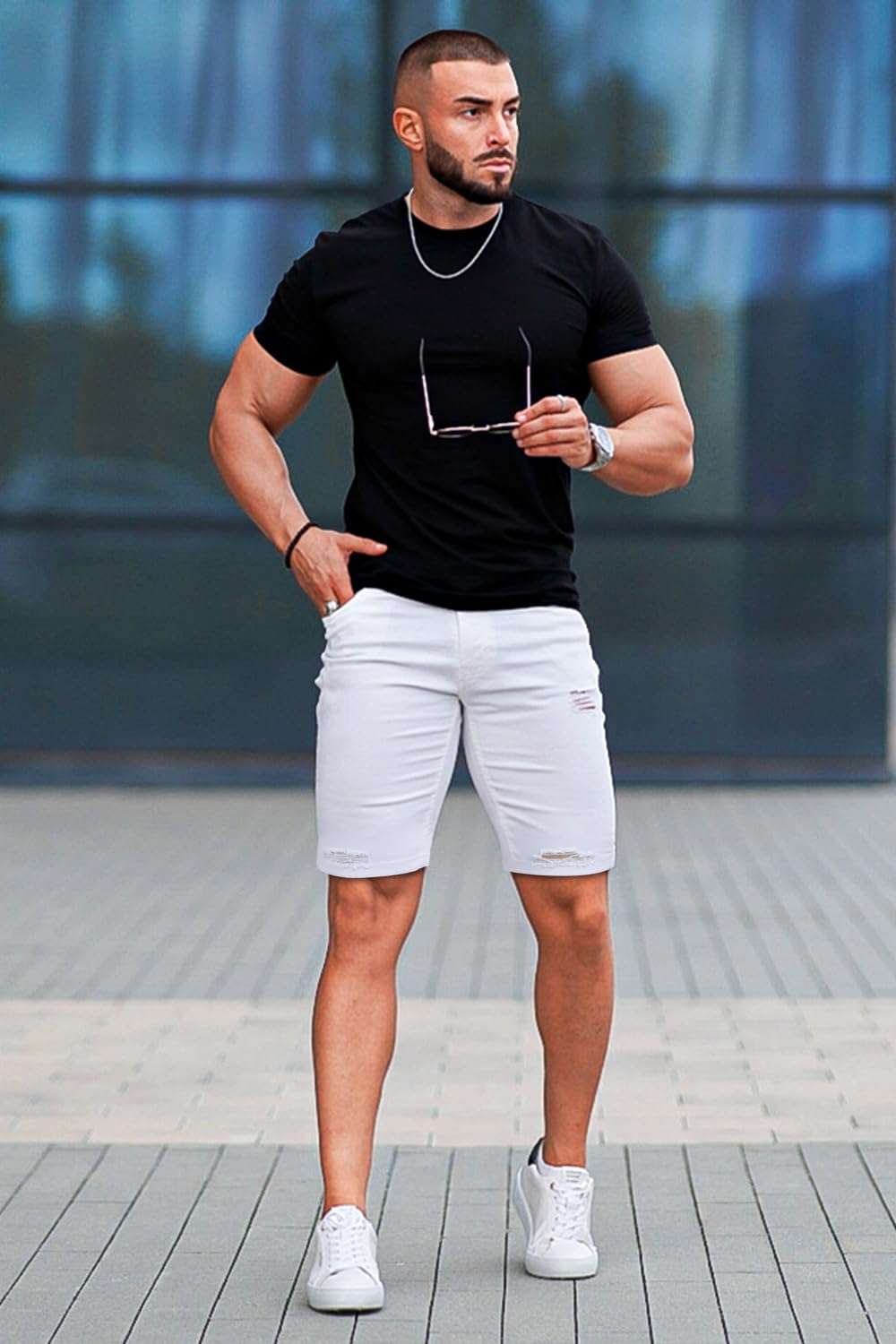 GINGTTO Mens Jean Shorts White Skinny Stretch Denim Shorts for Men Ripped 34