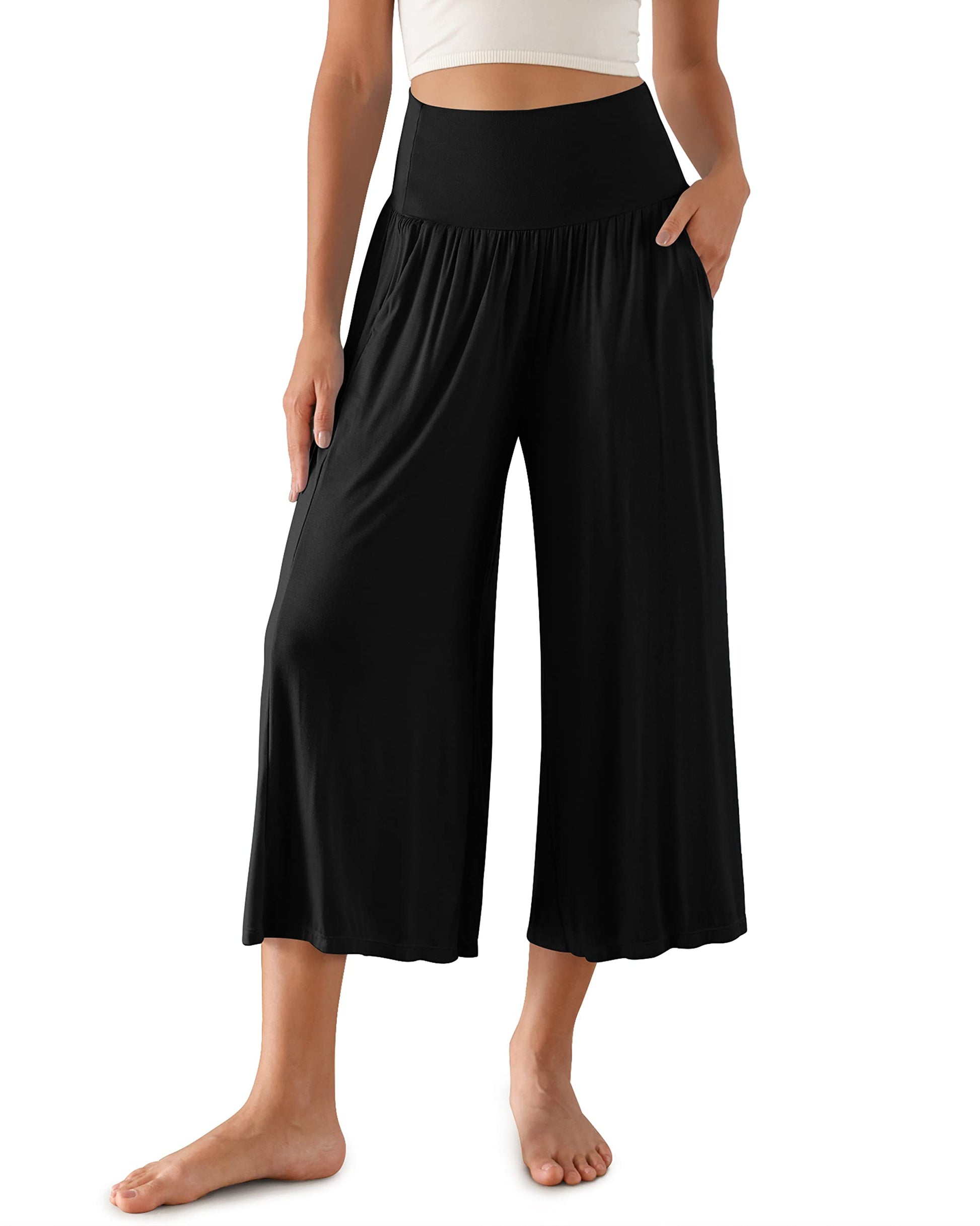 ODODOS Women's Wide Leg Palazzo Lounge Cropped Pants with Pockets Light Weight Comfy Casual Pajama Capri Pants-22 inseam, Black, XX-Large