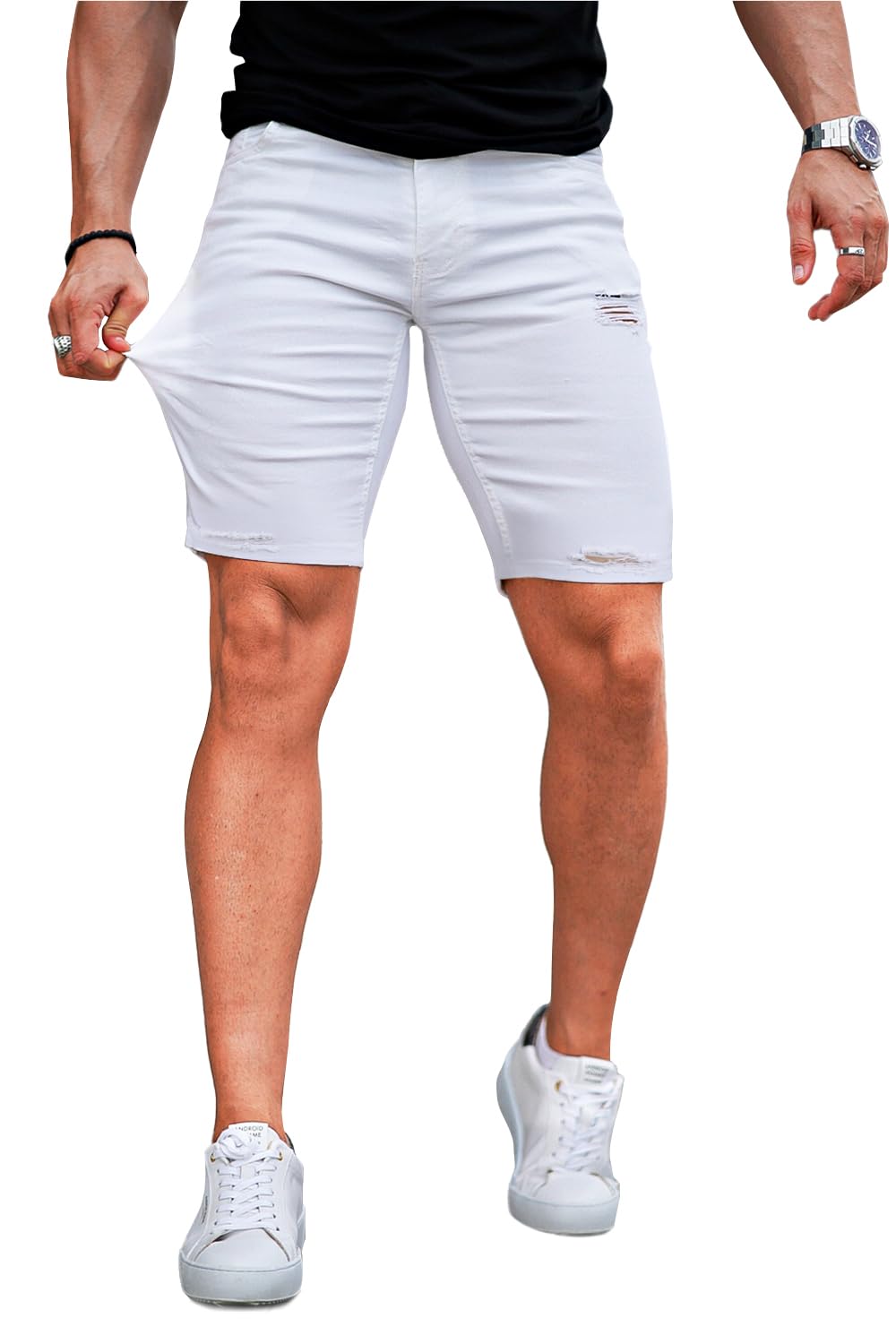 GINGTTO Mens Jean Shorts White Skinny Stretch Denim Shorts for Men Ripped 34