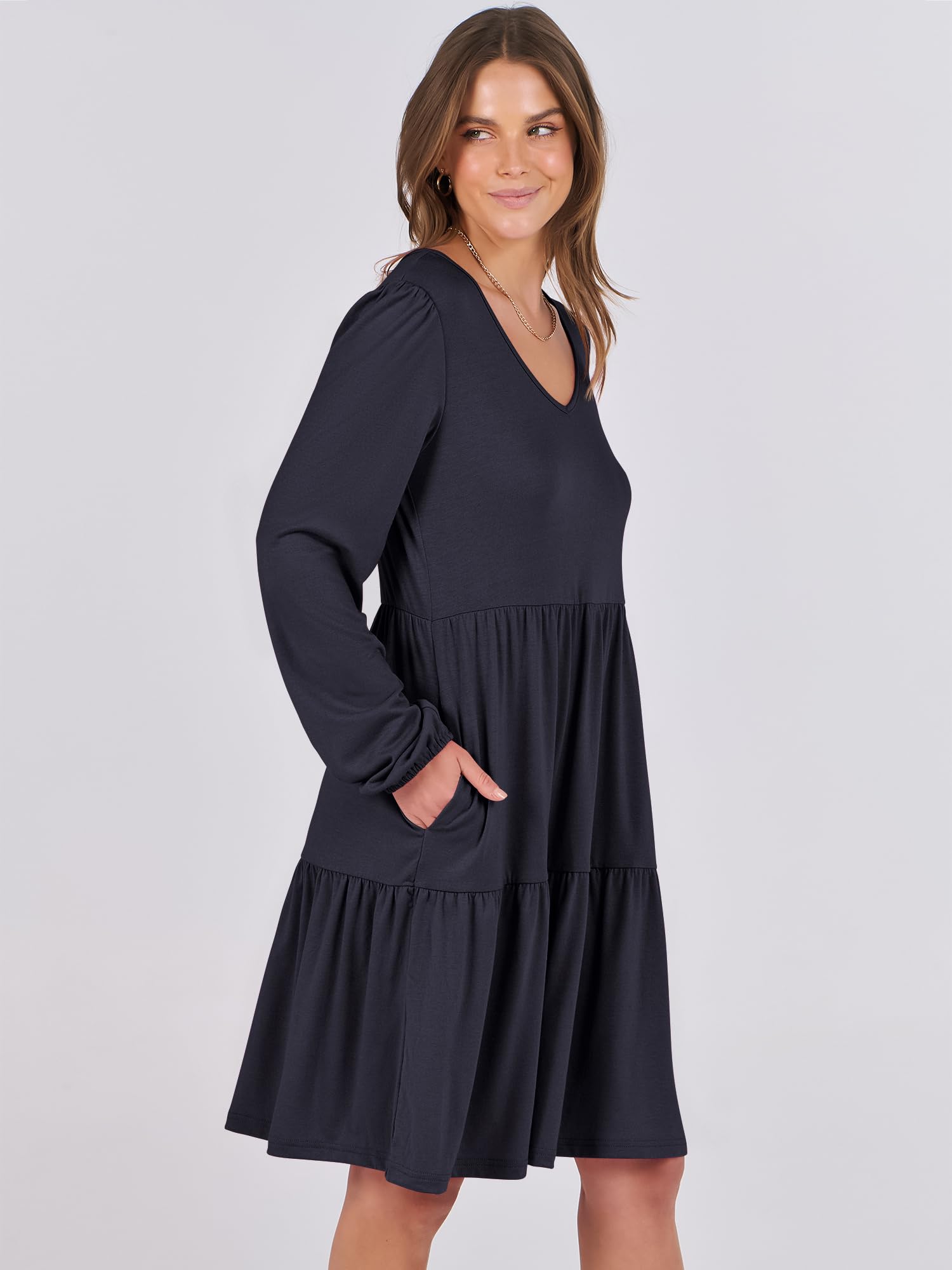 ANRABESS Womens Long Sleeve Dress 2025 Fall Casual V Neck Tiered Flowy Short Dresses Beach Travel Vacation Outfits Navy Blue Large