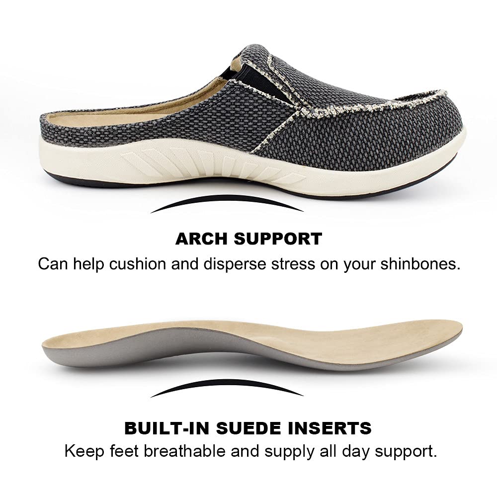 Mens Slippers with Arch Support, Canvas House Slipper for Men with Suede Insole and Velvet Lining, Slip on Clog House Shoes with Indoor Outdoor Anti-Skid Rubber Sole, Black, 8.5