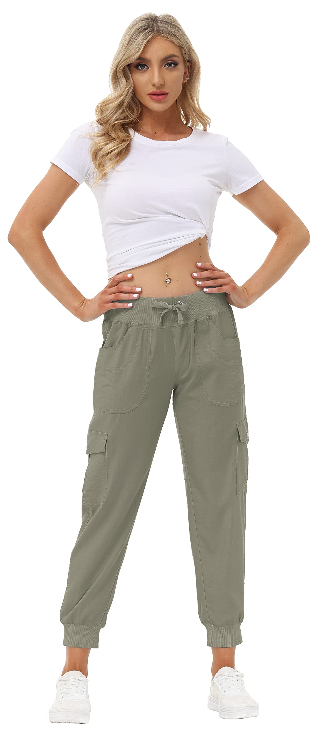MoFiz Women's Hiking Pants Cargo Joggers Sweatpants with Pockets Lightweight Quick Dry Outdoor Summer Casual Athletic Elastic Waist Grey Khaki XS