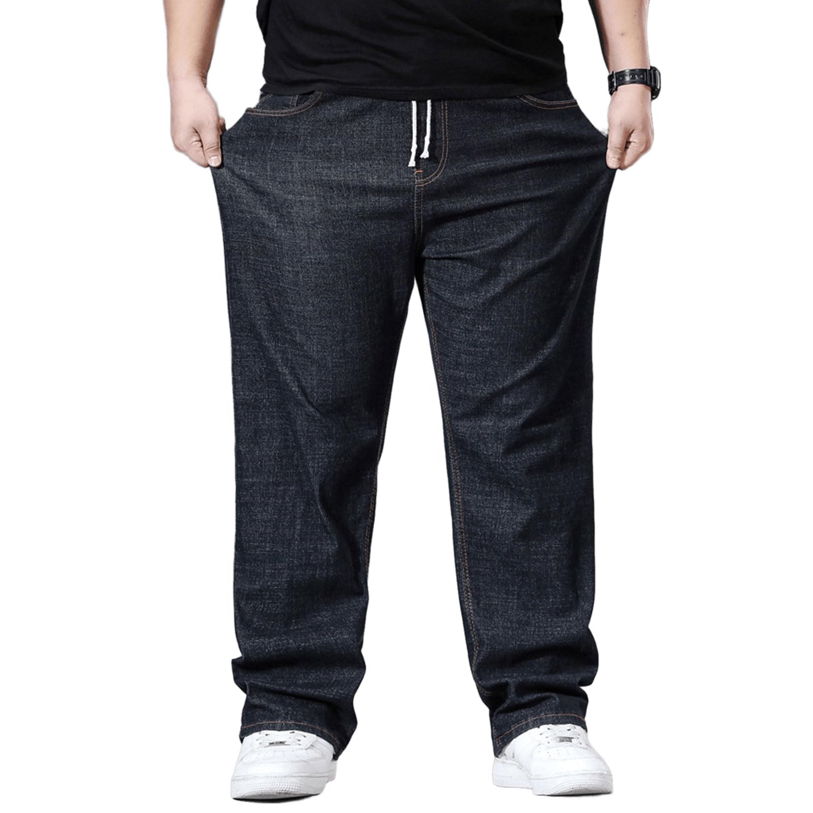Plus Size Baggy Jeans for Men Elastic Waist Pull On Denim Pants Drawstring Straight Loose Jean Sweatpants L-5XL Black