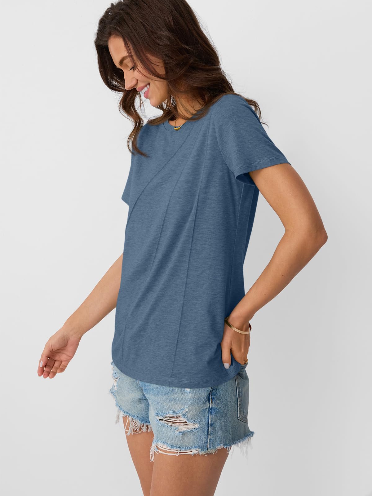 AUTOMET Womens Summer Tops Workout Shirts Beach Vacation Outfits Business Tshirts Dressy Fashion Spring Clothes 2025 Navy L