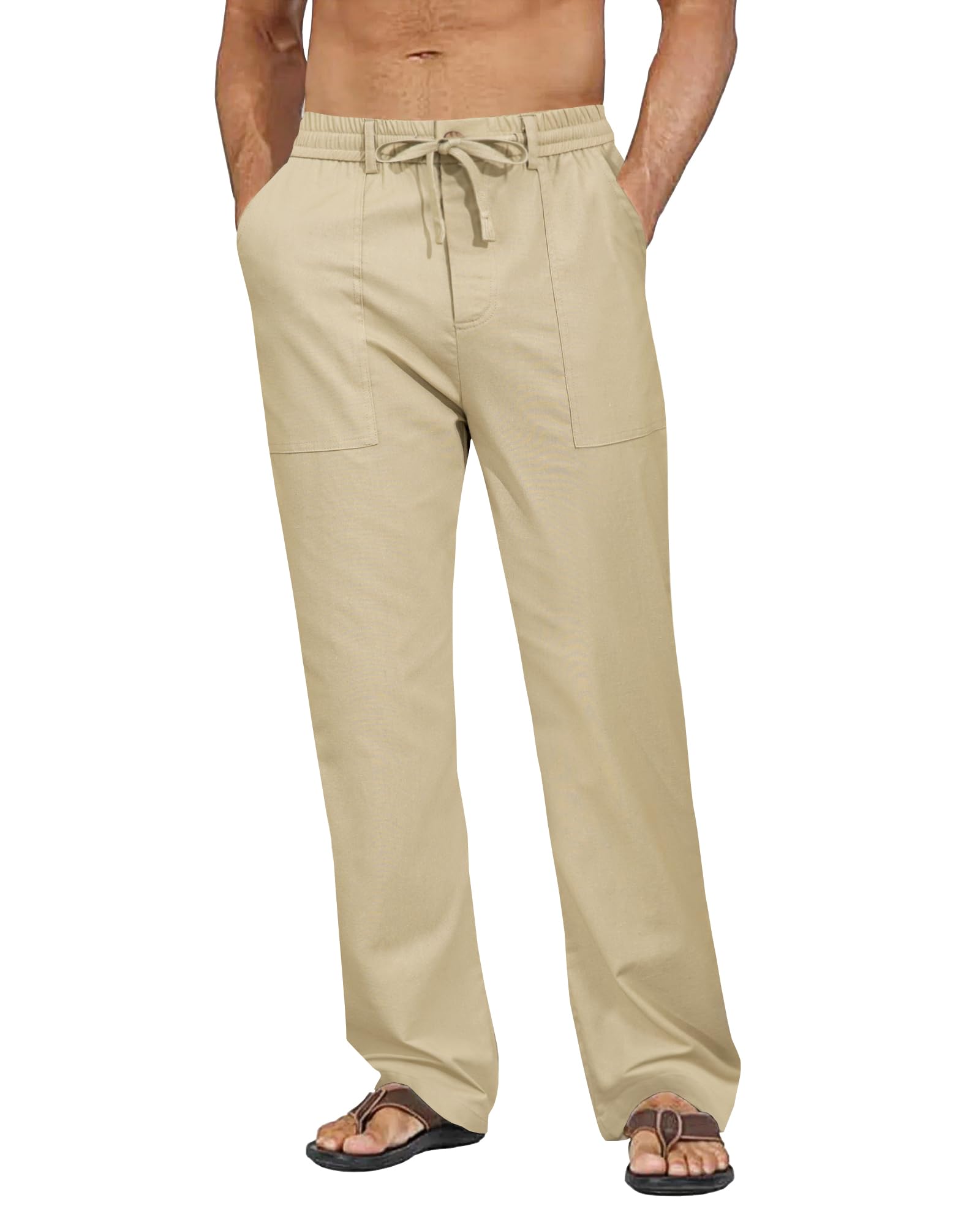 DOWMQ Mens Linen Pants Casual Elastic Waist Drawstring Pants Loose Straight Linen Pant Beach Trousers with 4 Pockets Khaki, M