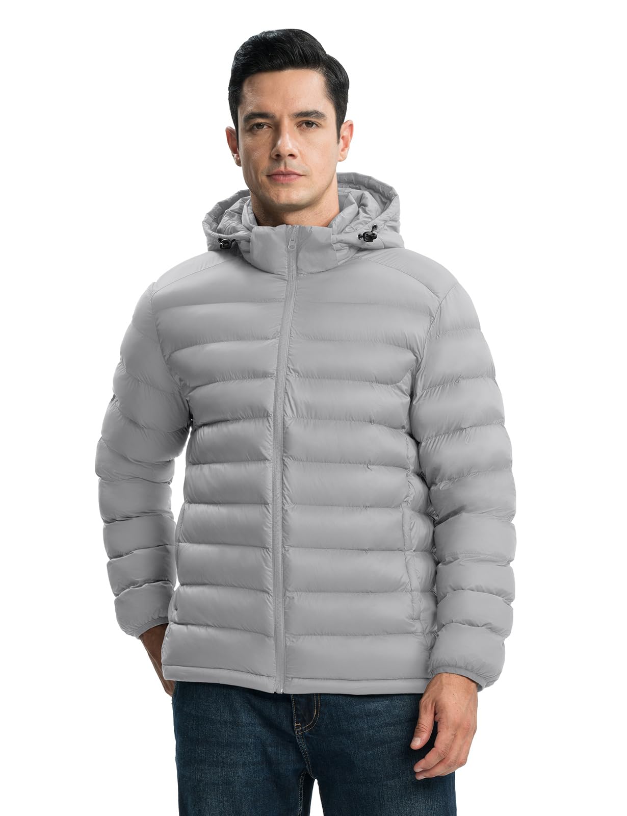 TBMPOY Men's Lightweight Puffer Down Jackets Detachable Hood Water-Resistant Winter Coat Hooded Insulated for Travel Ski Light Grey L